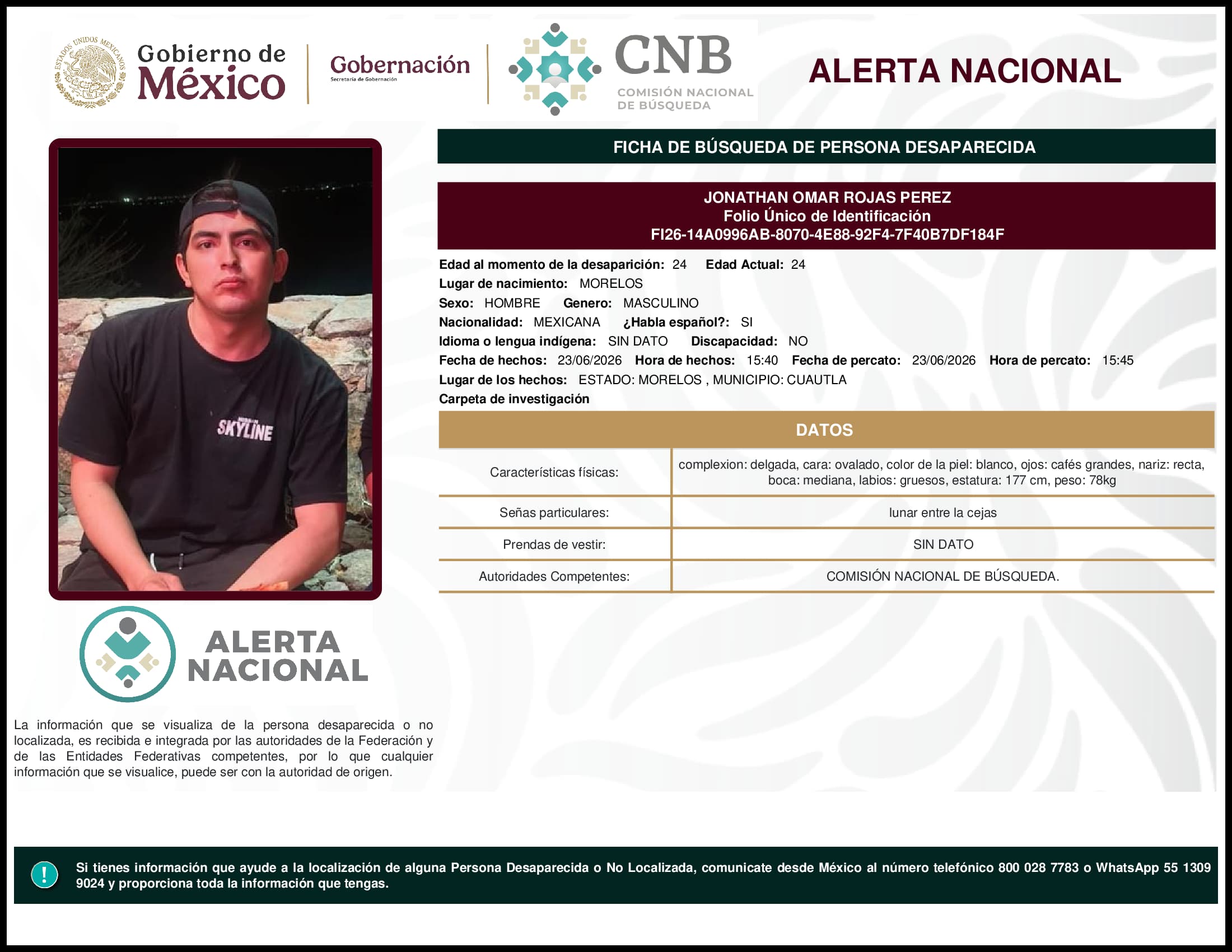 Persona desaparecida Jonathan Omar Rojas Perez