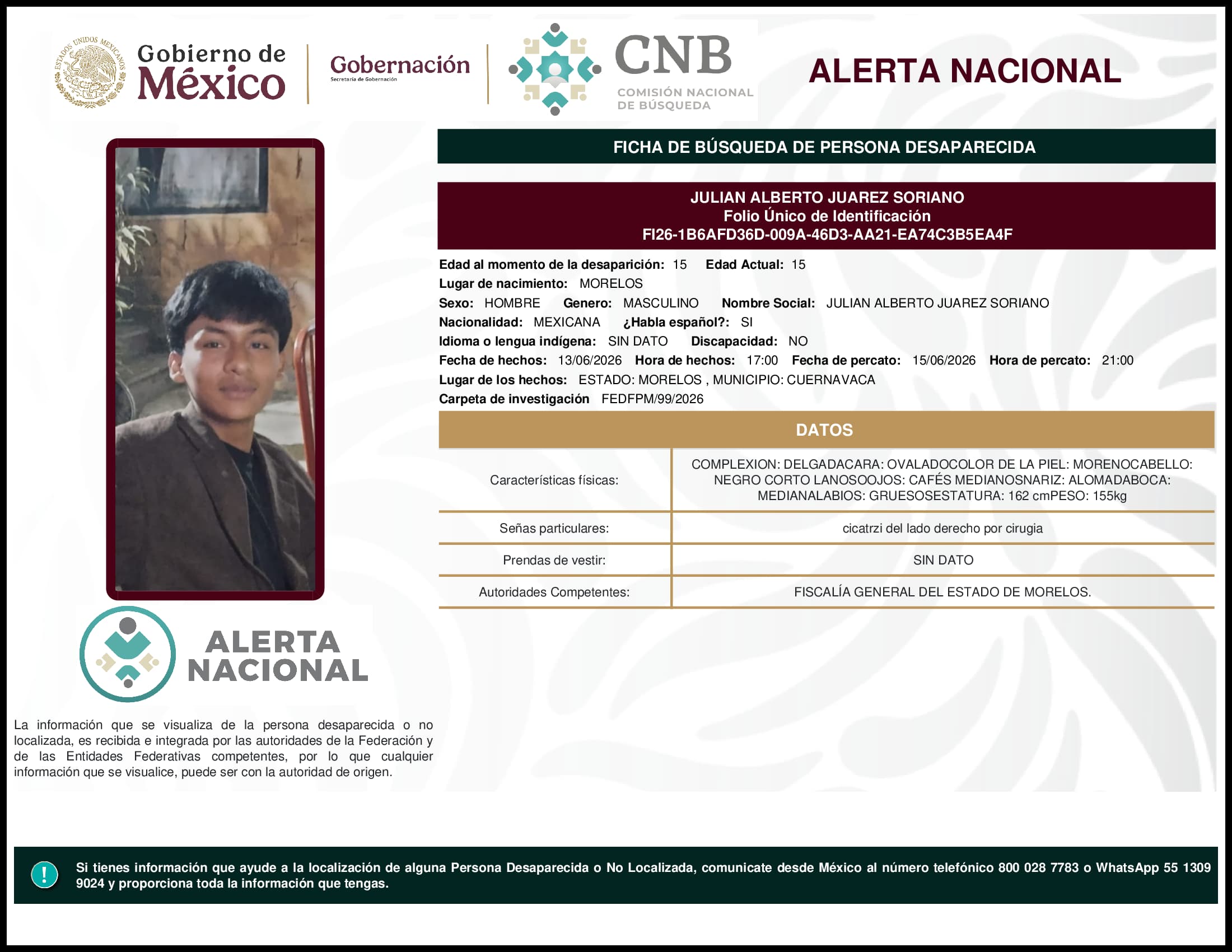 Persona desaparecida Julian Alberto Juarez Soriano