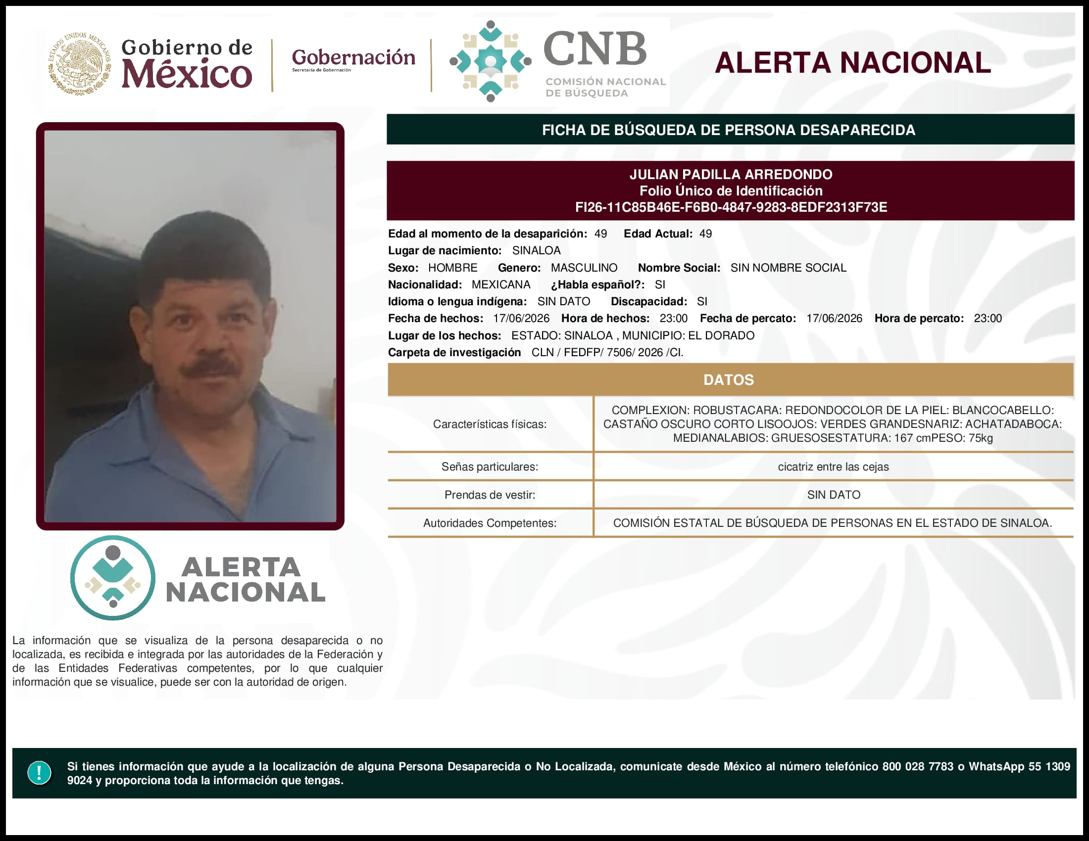 Persona desaparecida Julian Padilla Arredondo