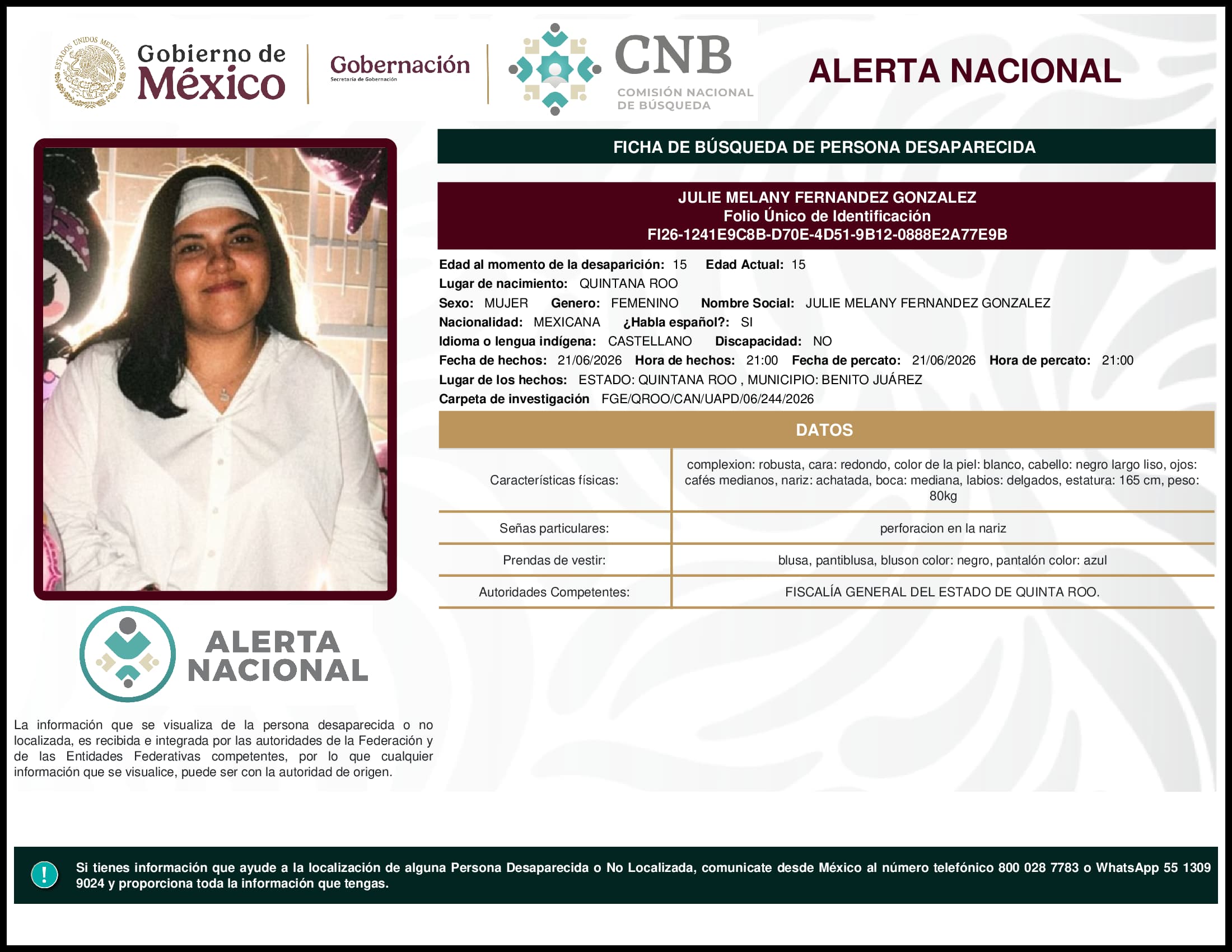 Persona desaparecida Julie Melany Fernandez Gonzalez
