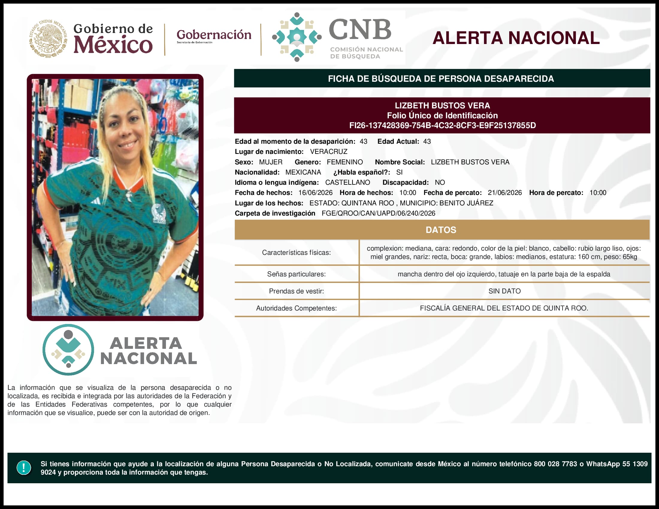 Persona desaparecida Lizbeth Bustos Vera