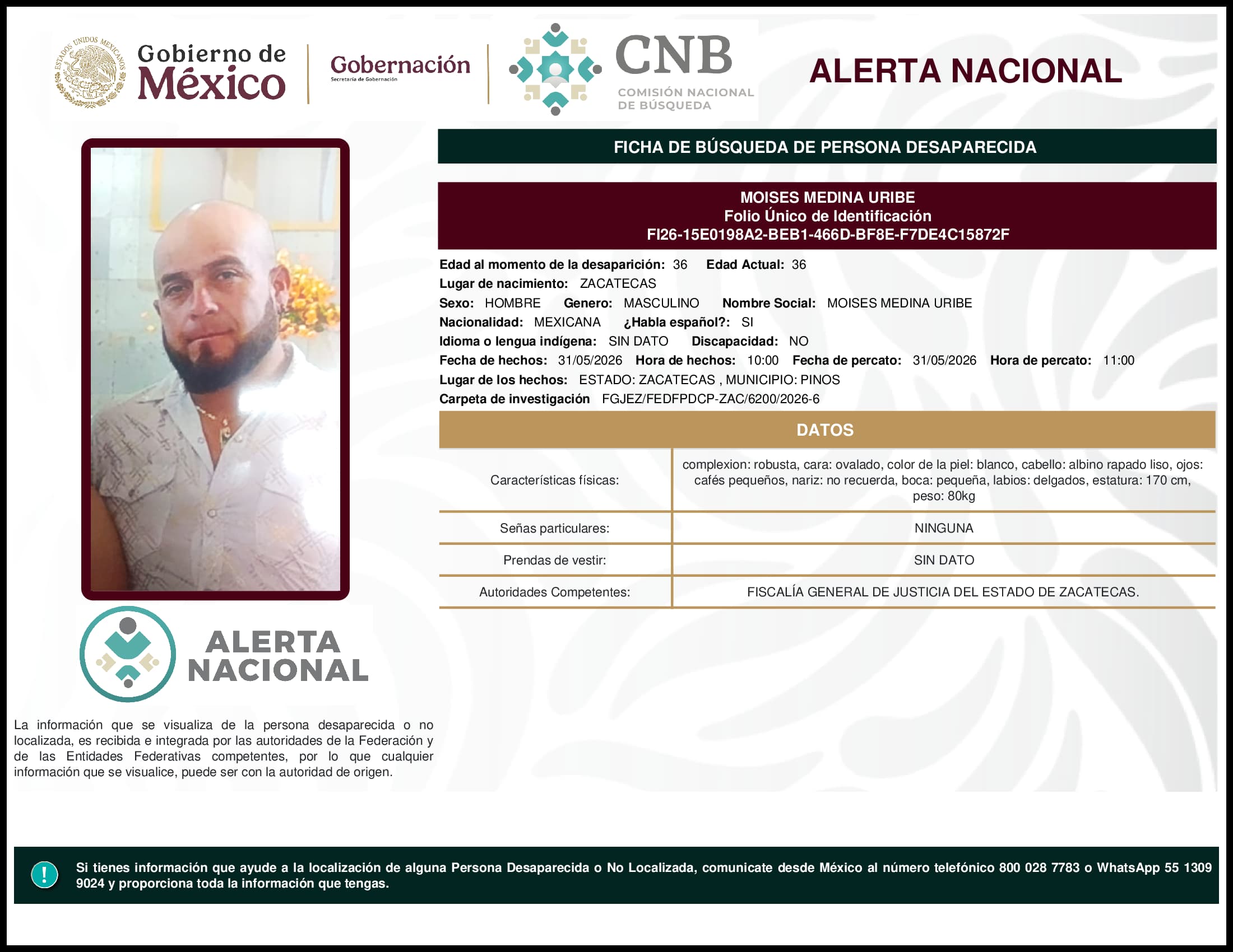 Persona desaparecida Moises Medina Uribe