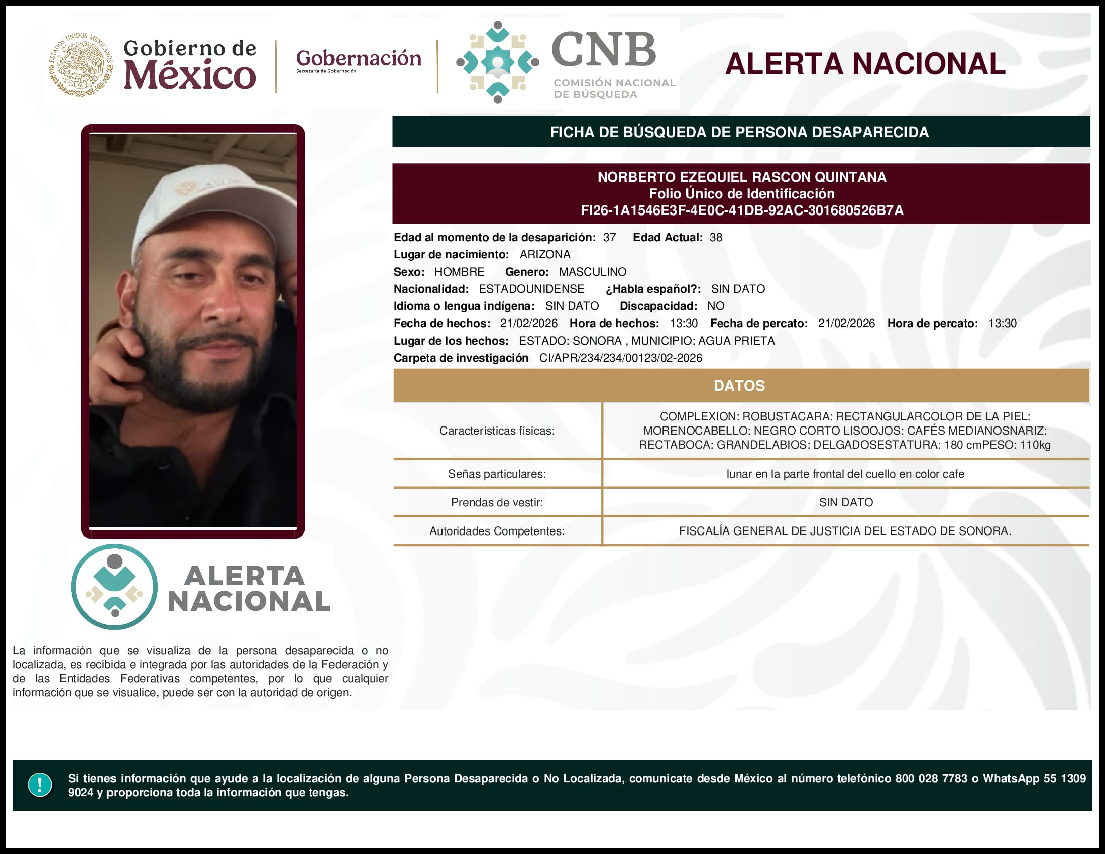 Persona desaparecida Norberto Ezequiel Rascon Quintana