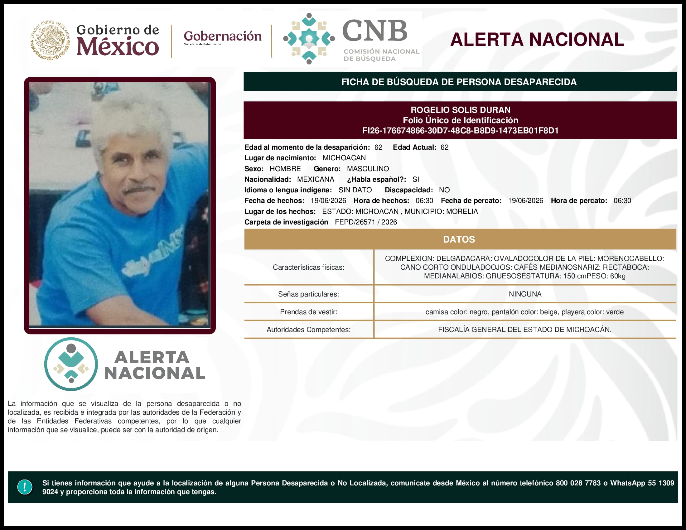 Persona desaparecida Rogelio Solis Duran