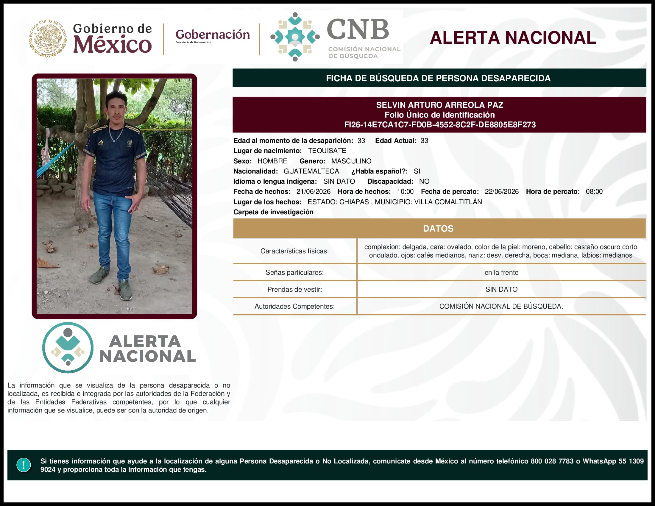 Persona desaparecida Selvin Arturo Arreola Paz