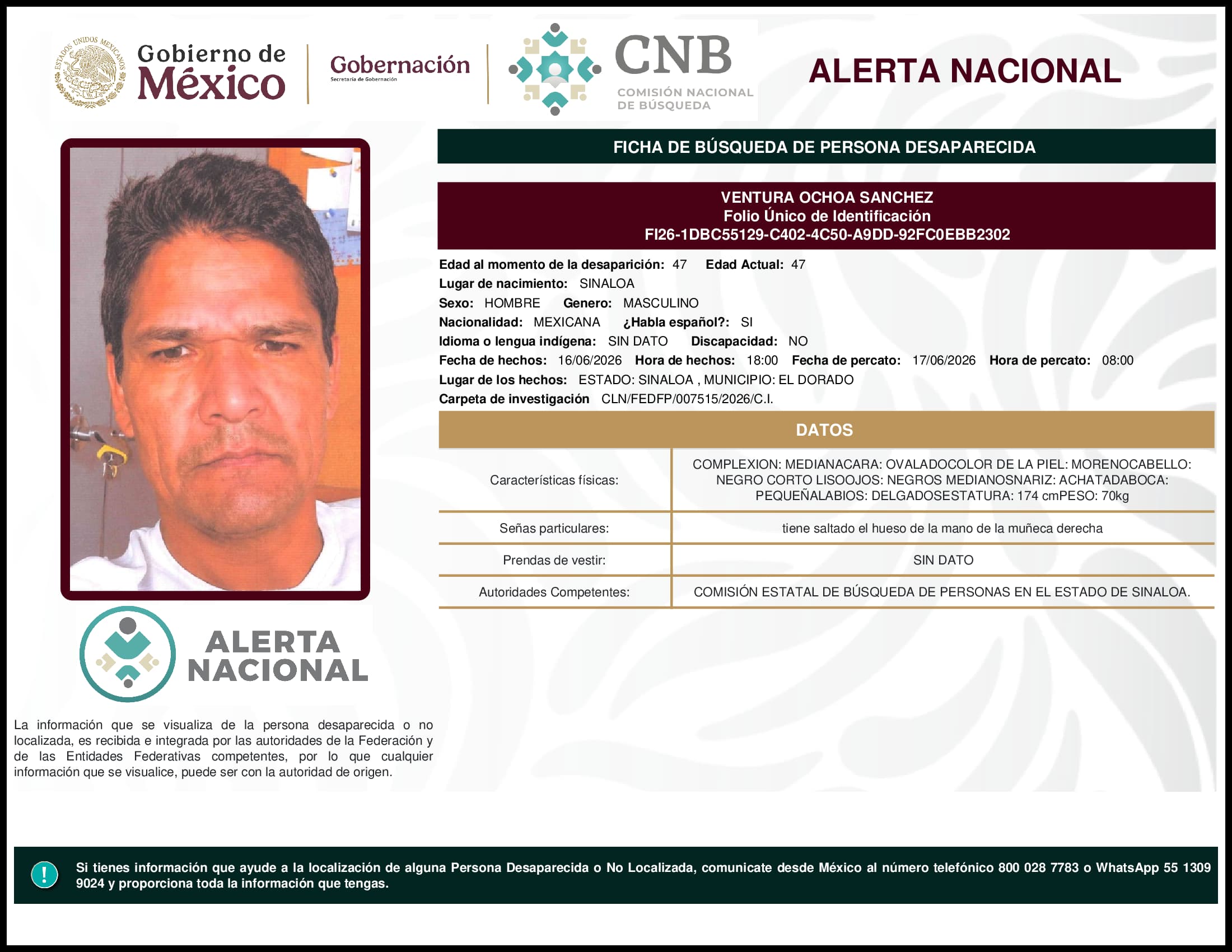 Persona desaparecida Ventura Ochoa Sanchez