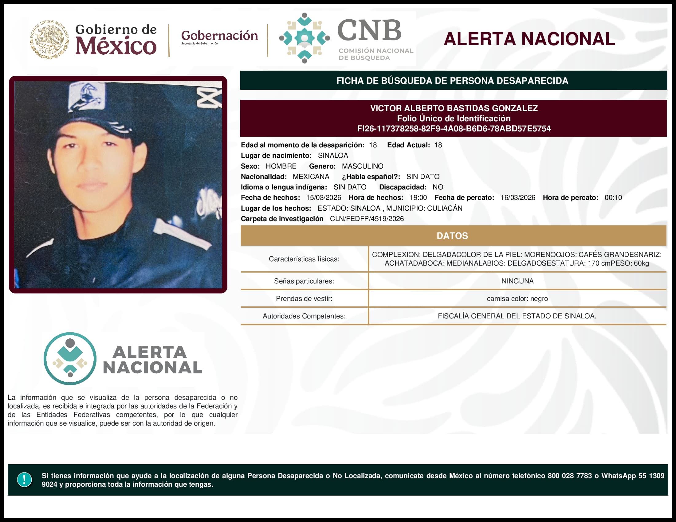 Persona desaparecida Victor Alberto Bastidas Gonzalez