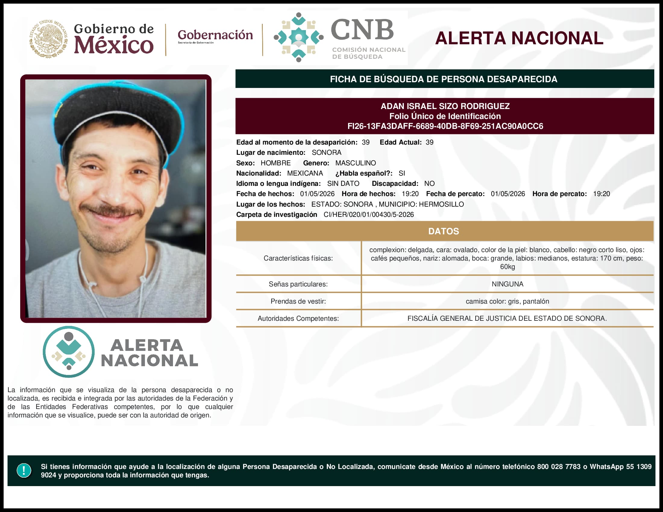 Persona desaparecida Adan Israel Sizo Rodriguez