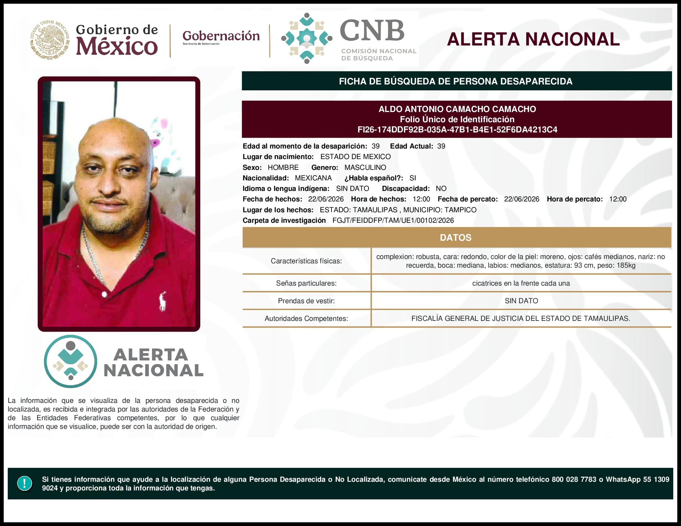 Persona desaparecida Aldo Antonio Camacho Camacho