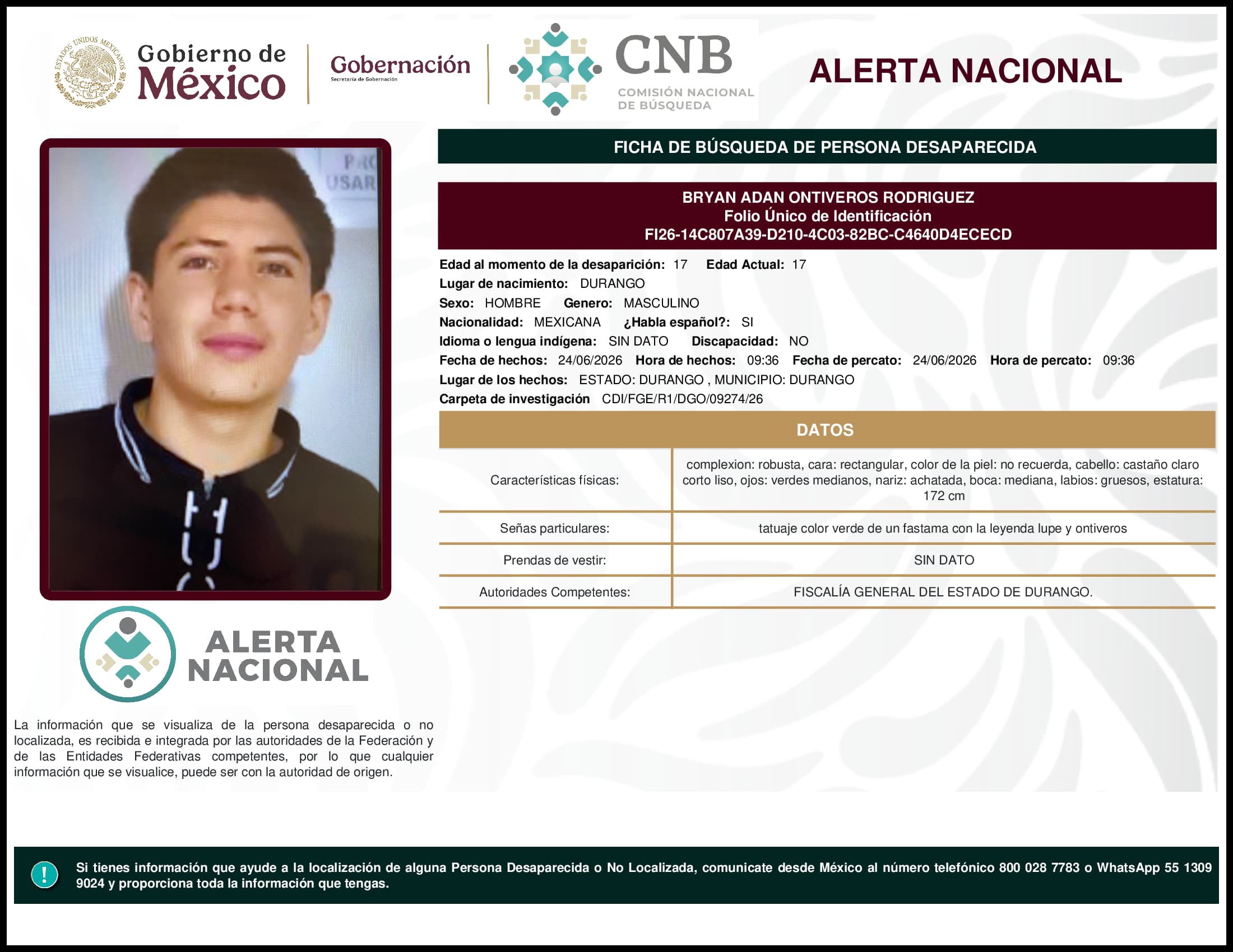 Persona desaparecida Bryan Adan Ontiveros Rodriguez