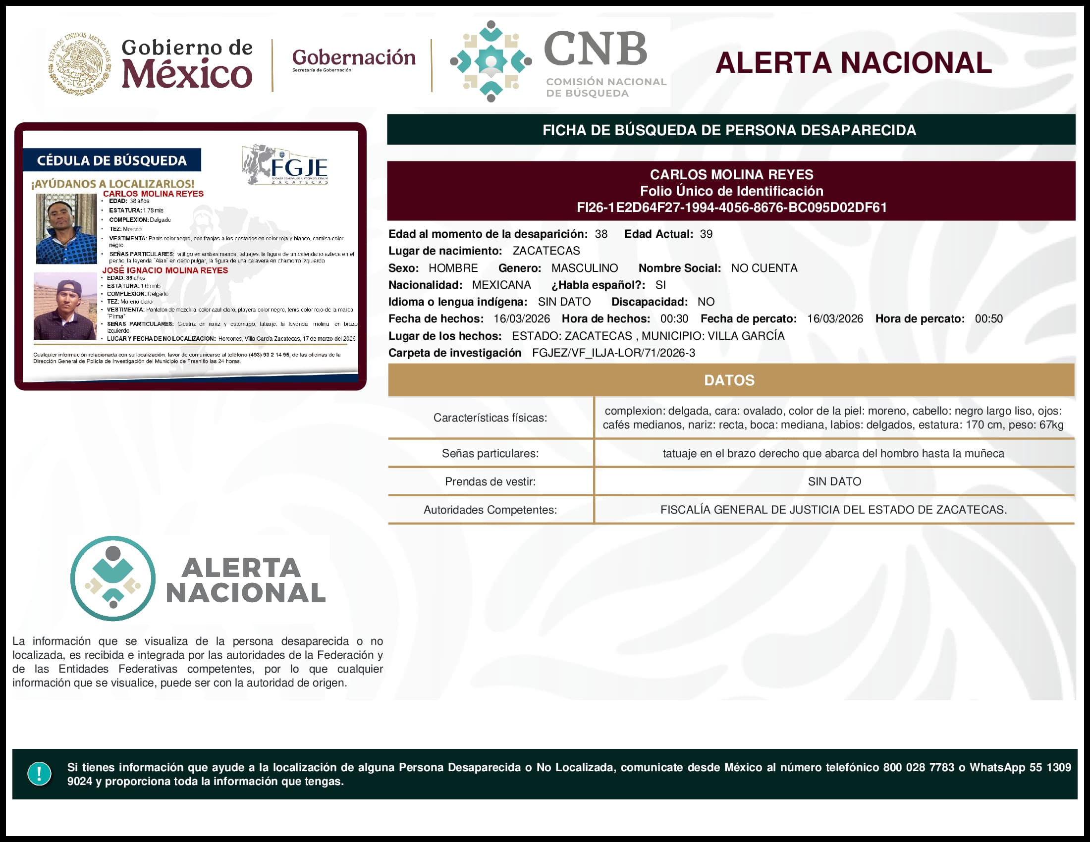 Persona desaparecida Carlos Molina Reyes