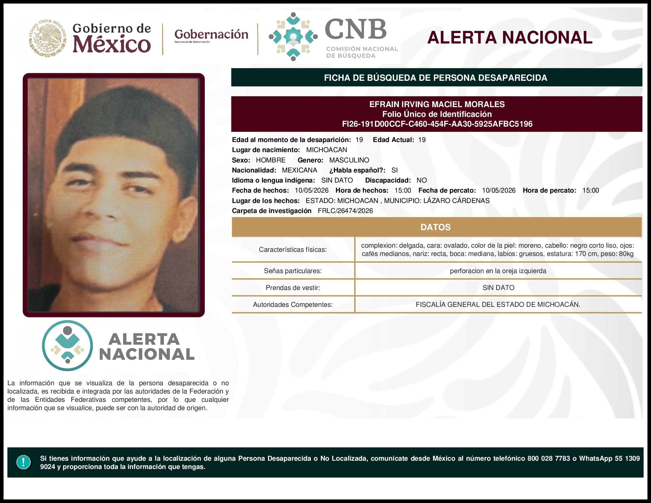 Persona desaparecida Efrain Irving Maciel Morales