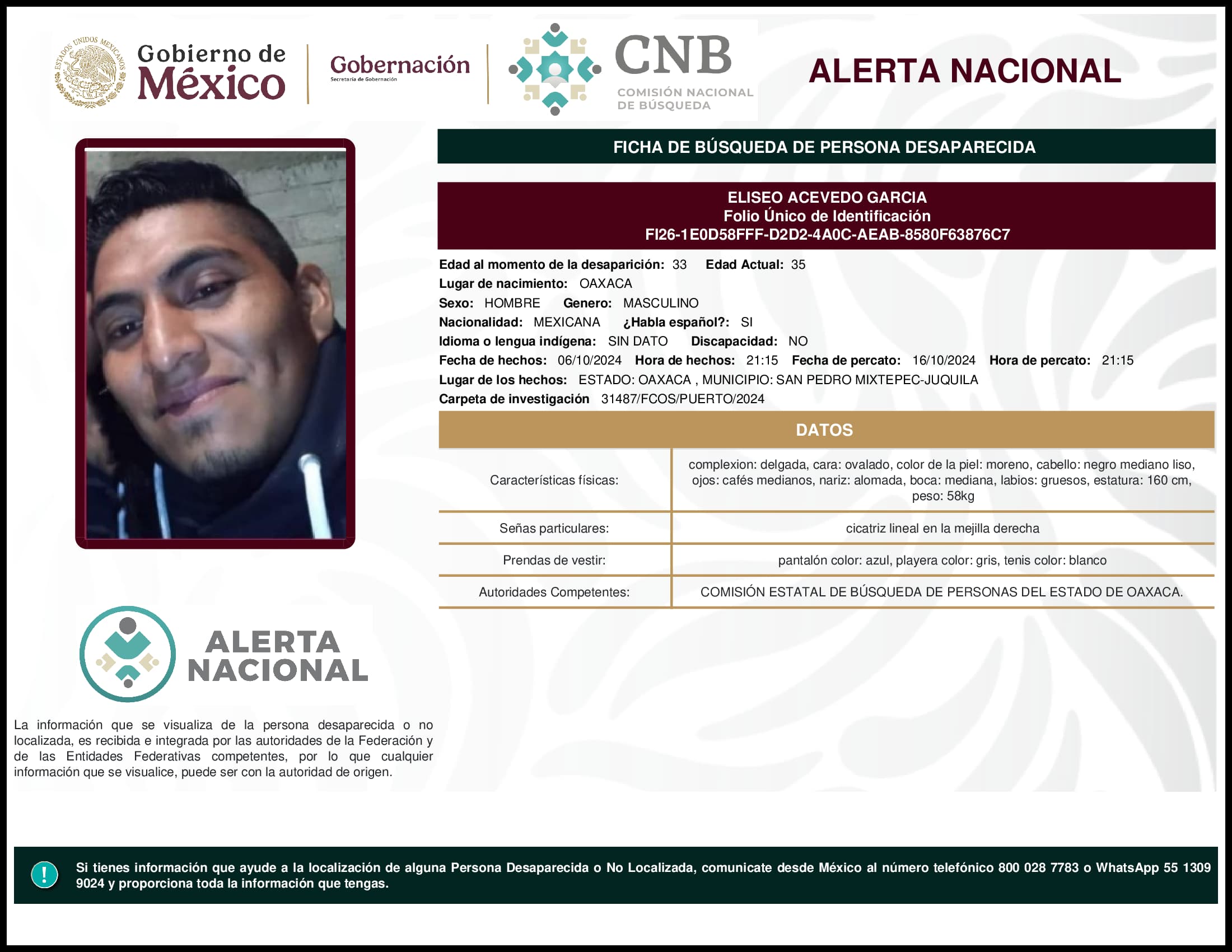 Persona desaparecida Eliseo Acevedo Garcia