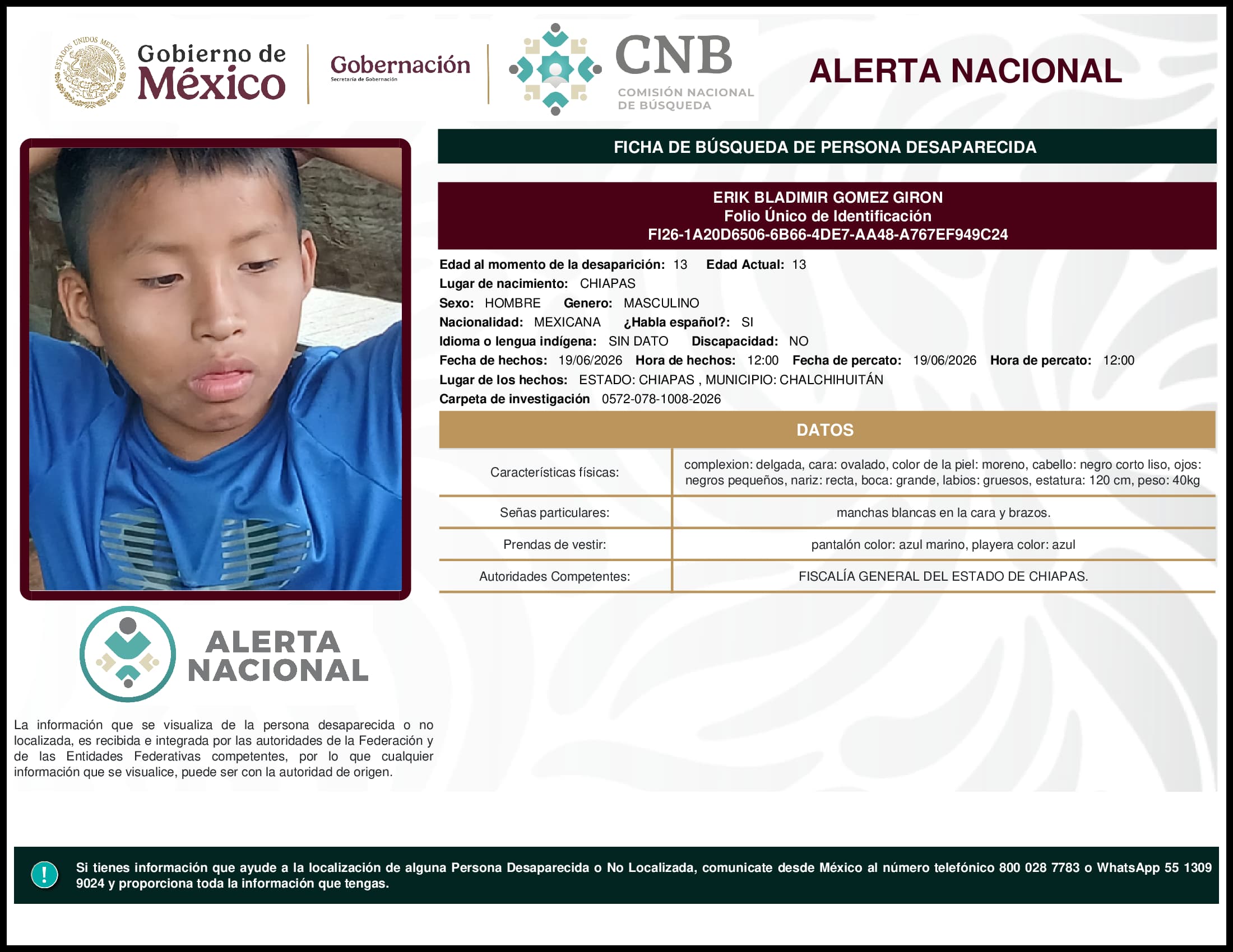 Persona desaparecida Erik Bladimir Gomez Giron