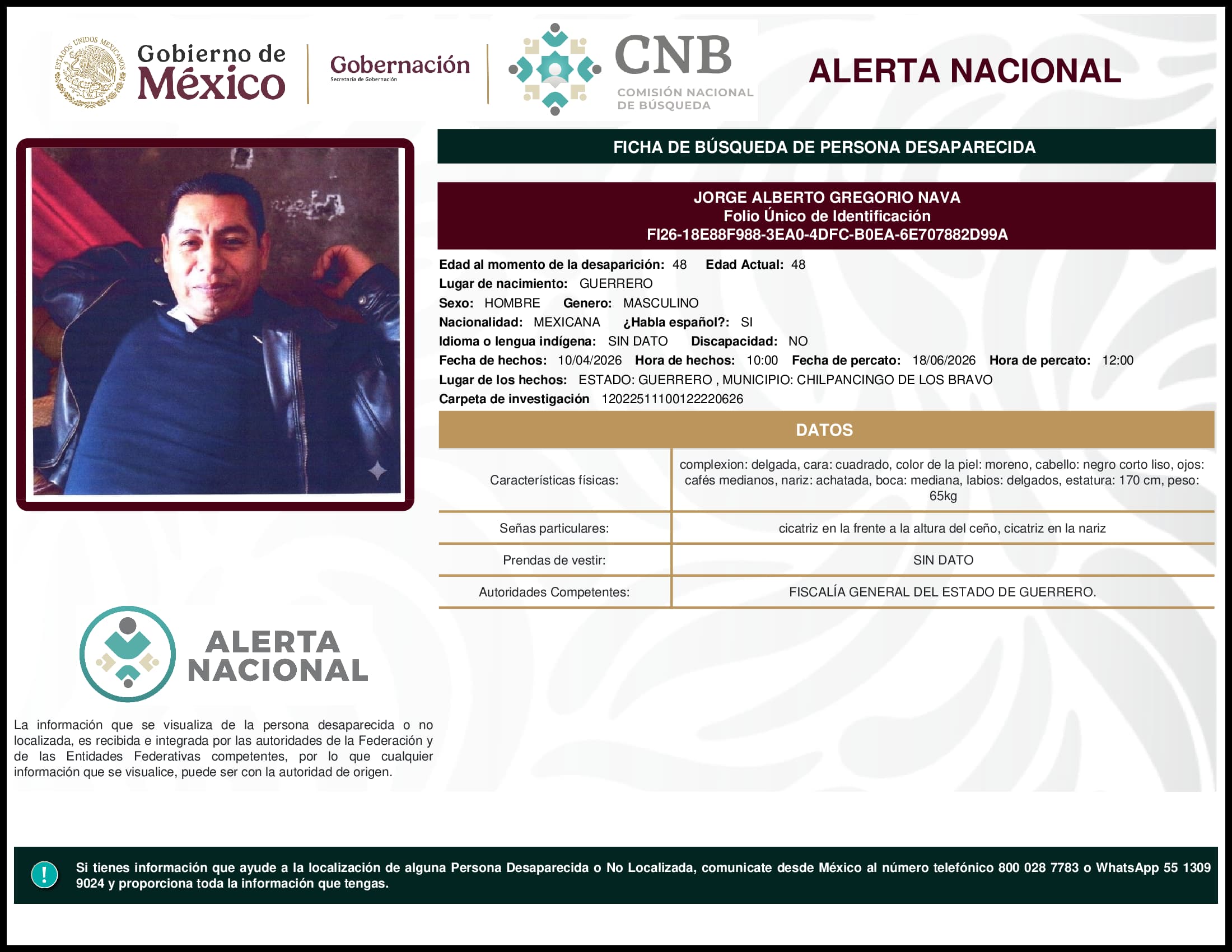 Persona desaparecida Jorge Alberto Gregorio Nava