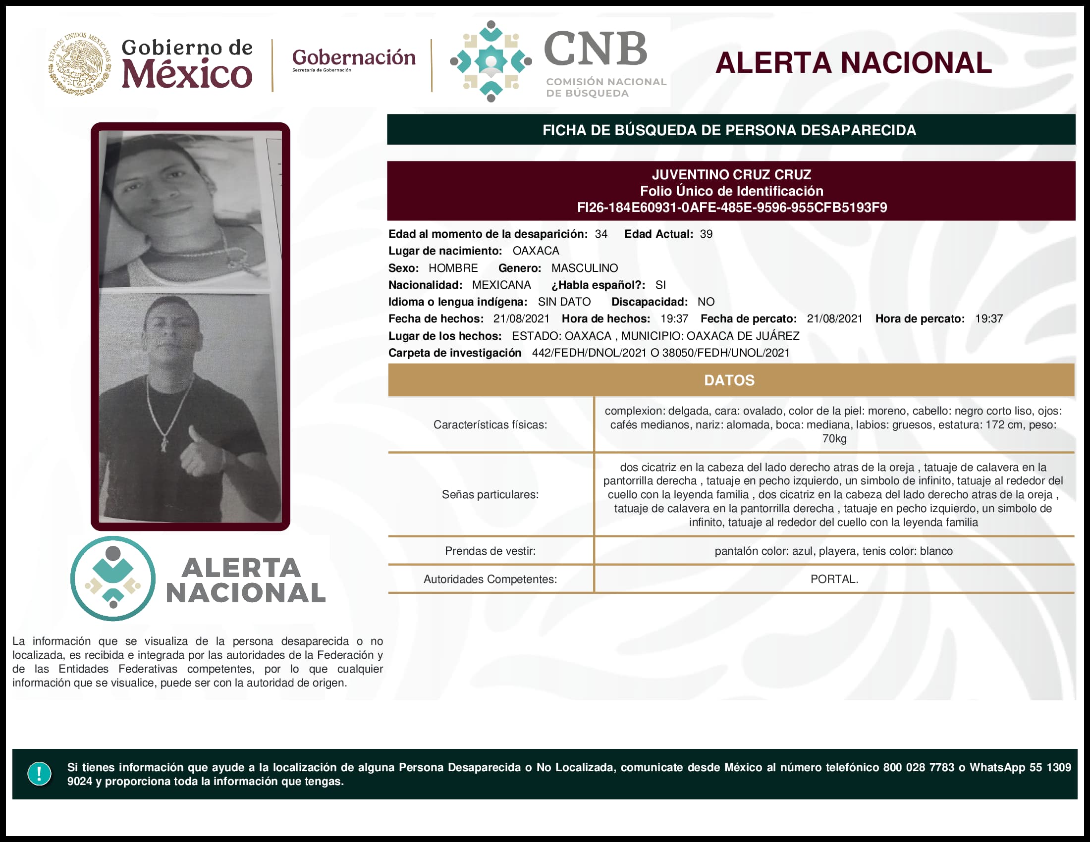 Persona desaparecida Juventino Cruz Cruz