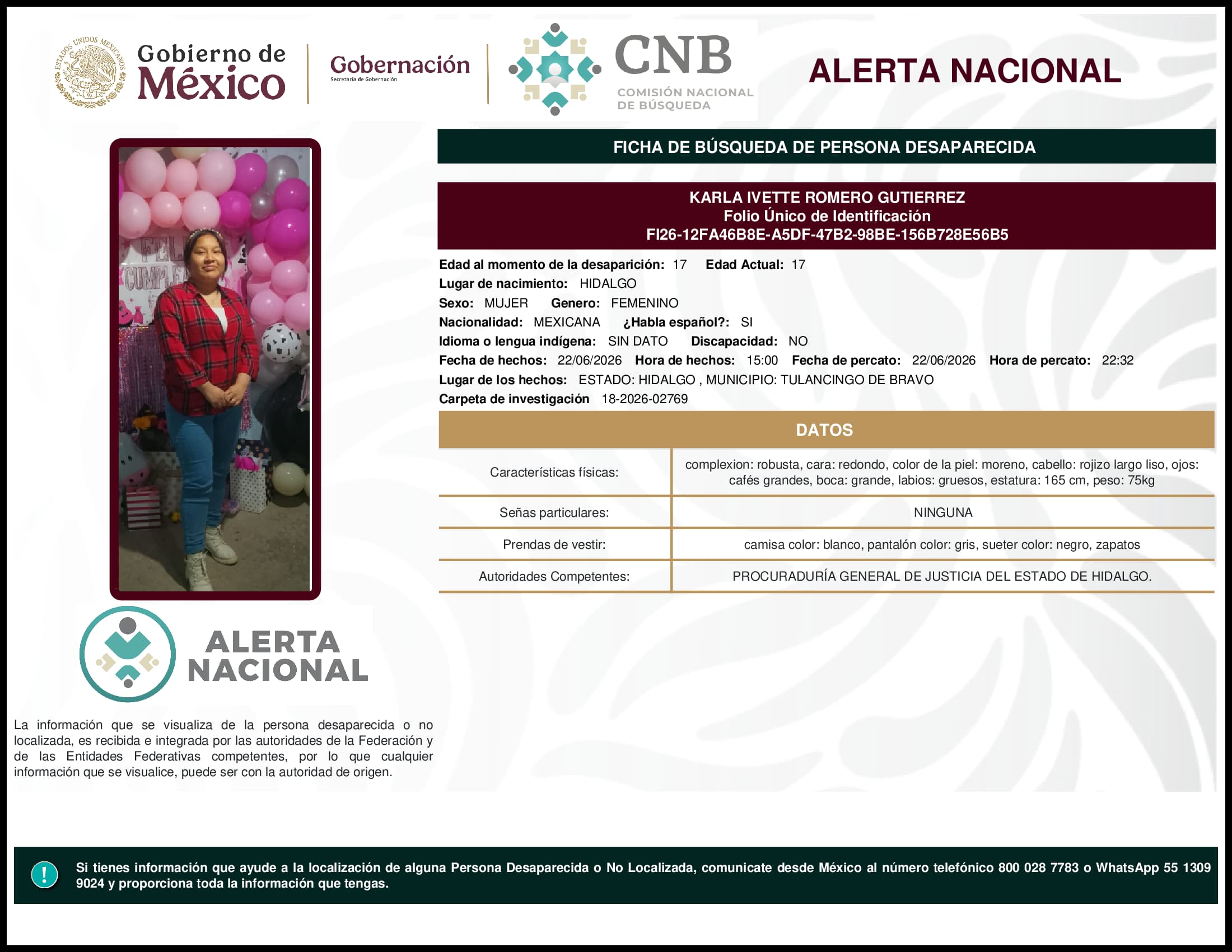 Persona desaparecida Karla Ivette Romero Gutierrez