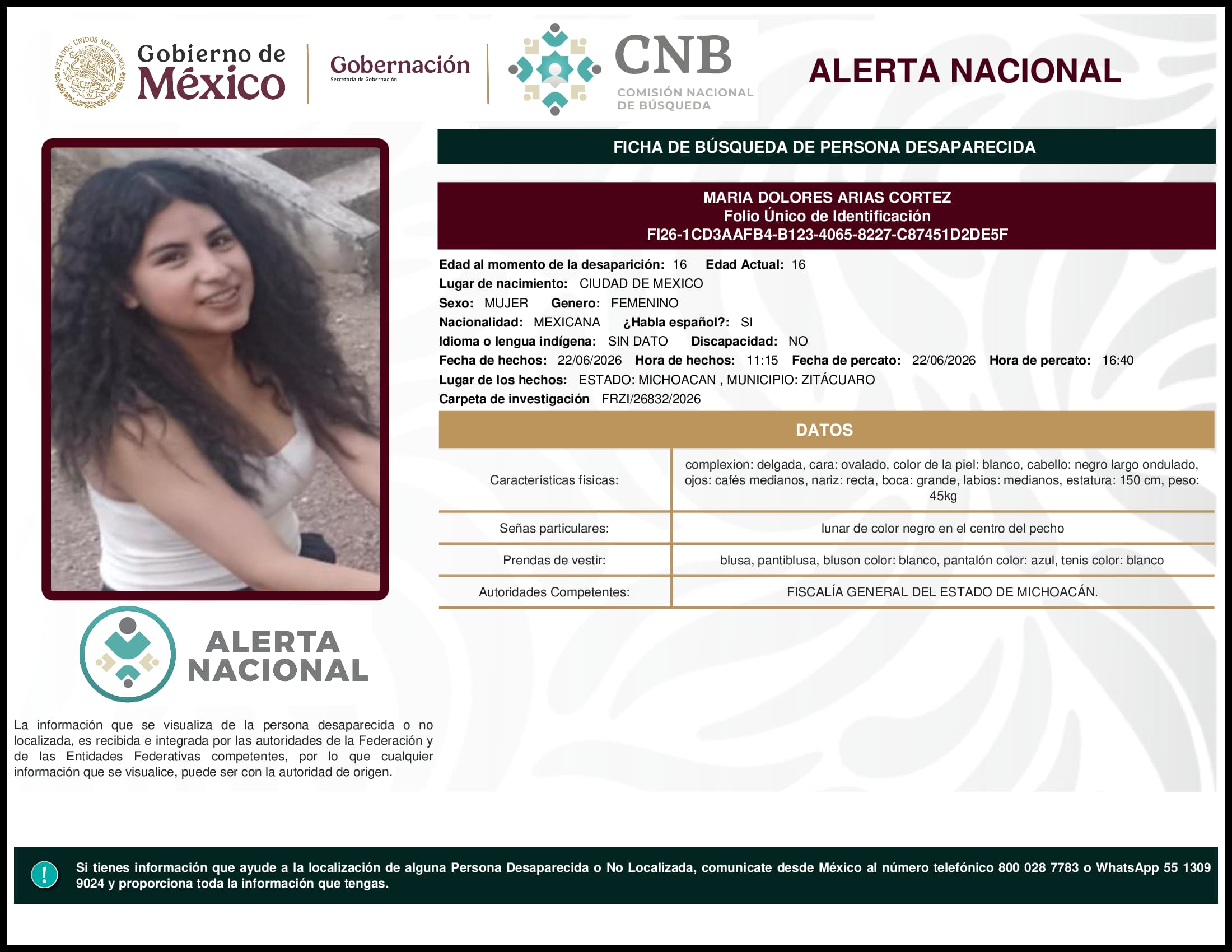 Persona desaparecida Maria Dolores Arias Cortez
