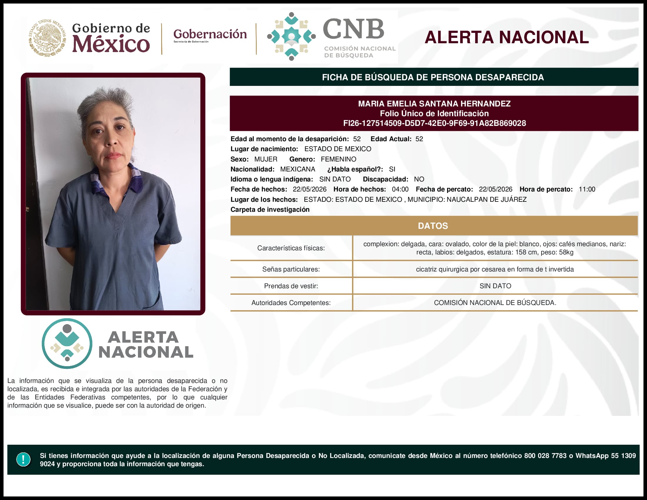 Persona desaparecida Maria Emelia Santana Hernandez