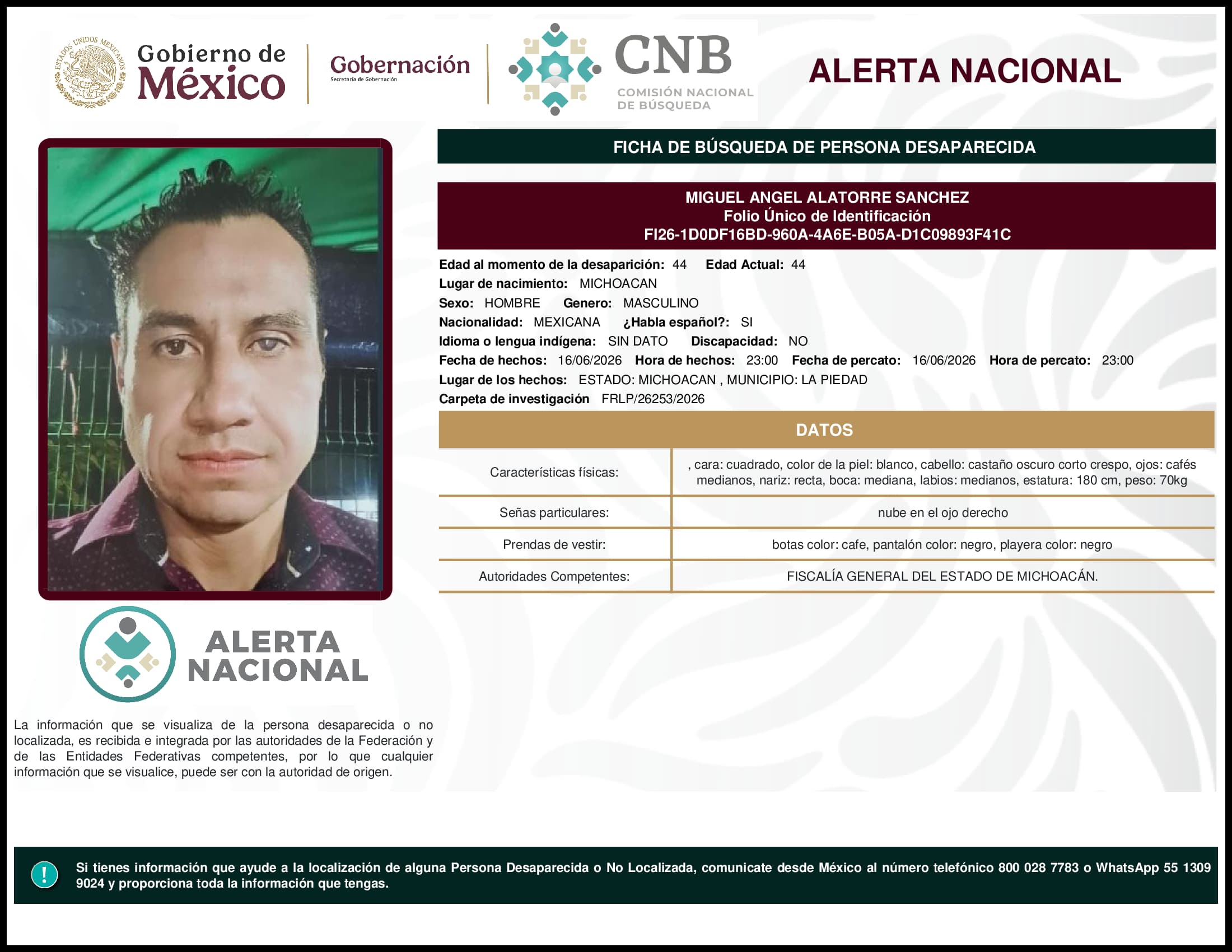 Persona desaparecida Miguel Angel Alatorre Sanchez