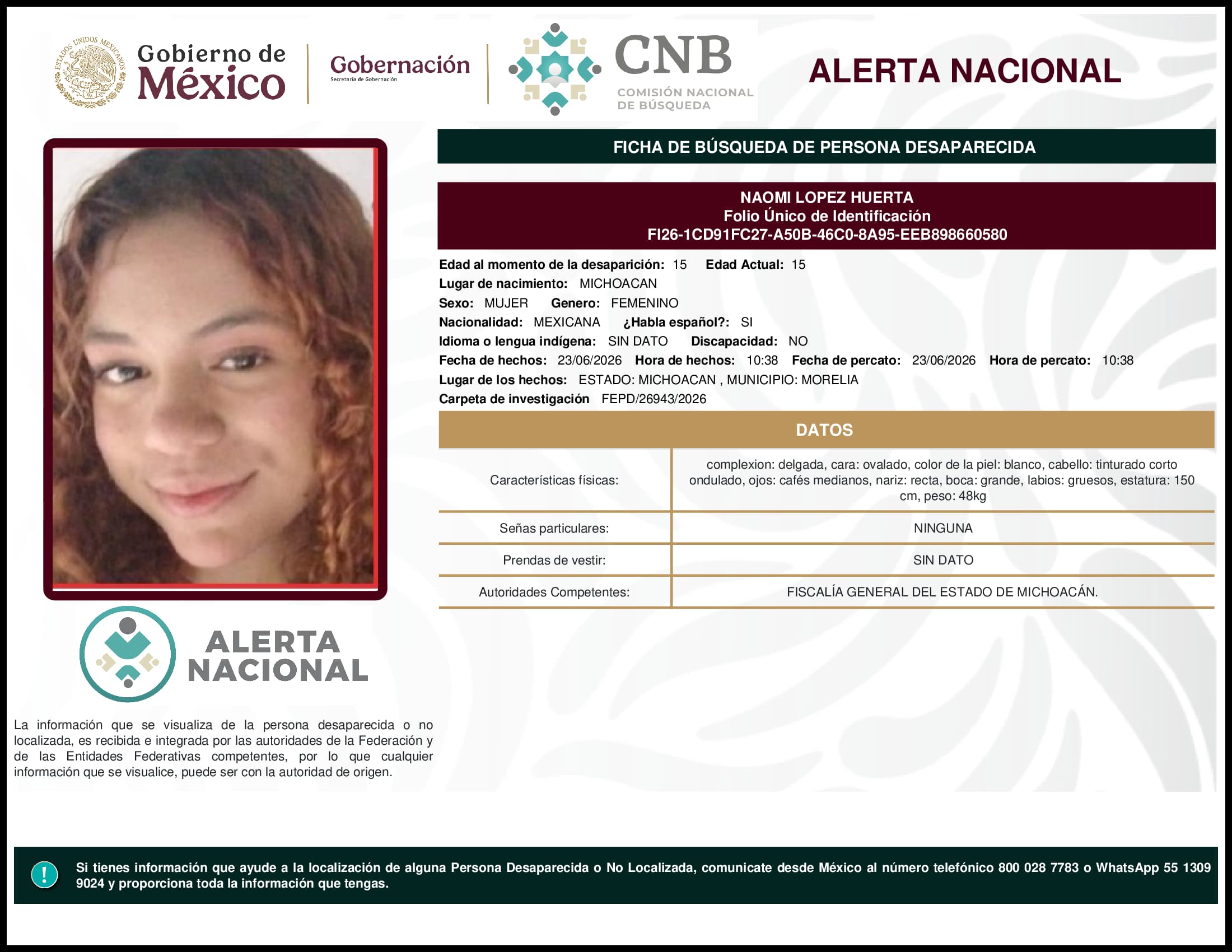 Persona desaparecida Naomi Lopez Huerta