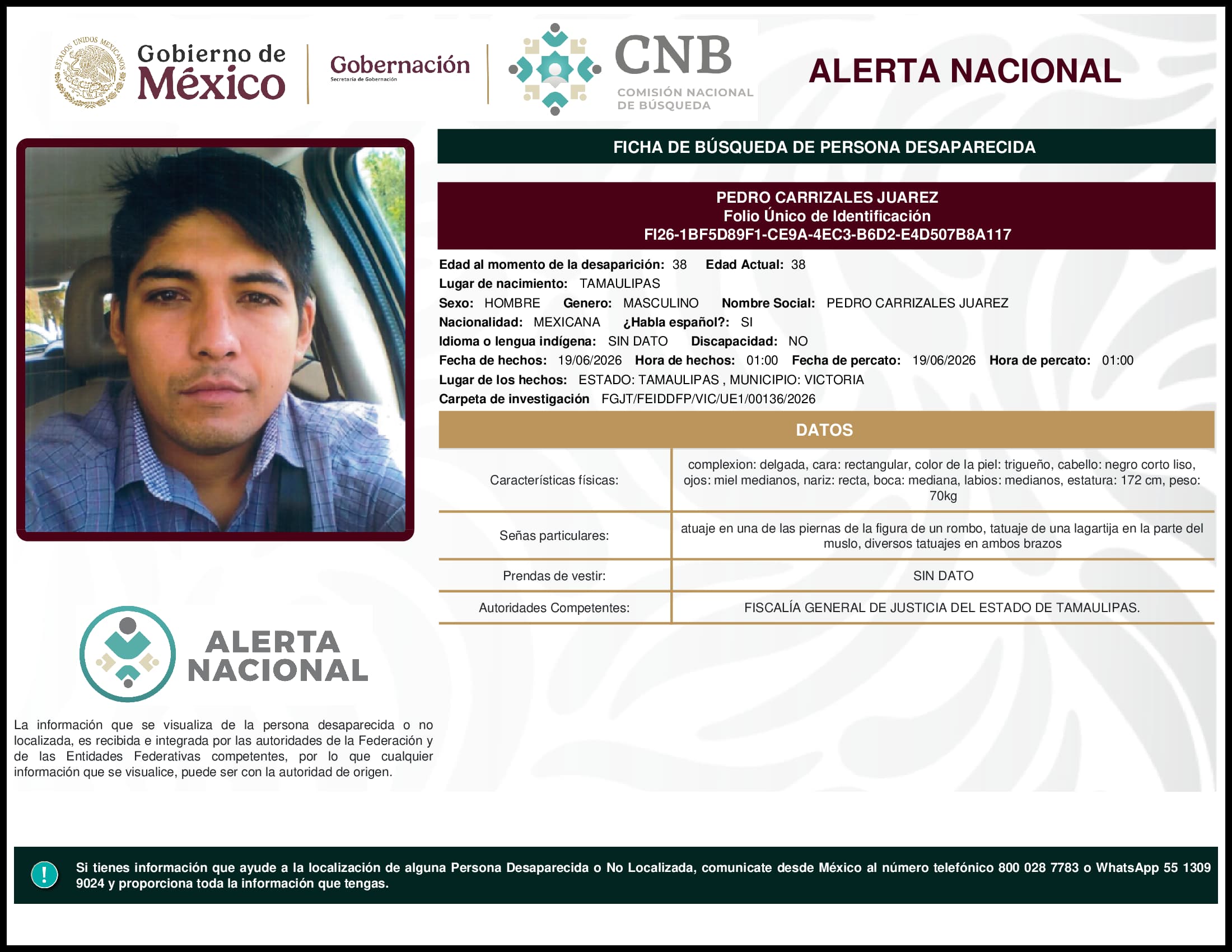 Persona desaparecida Pedro Carrizales Juarez