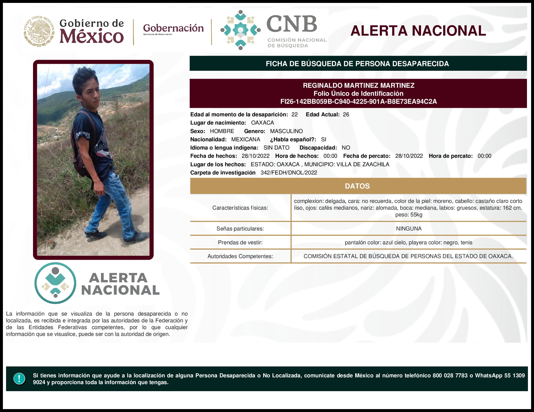 Persona desaparecida Reginaldo Martinez Martinez