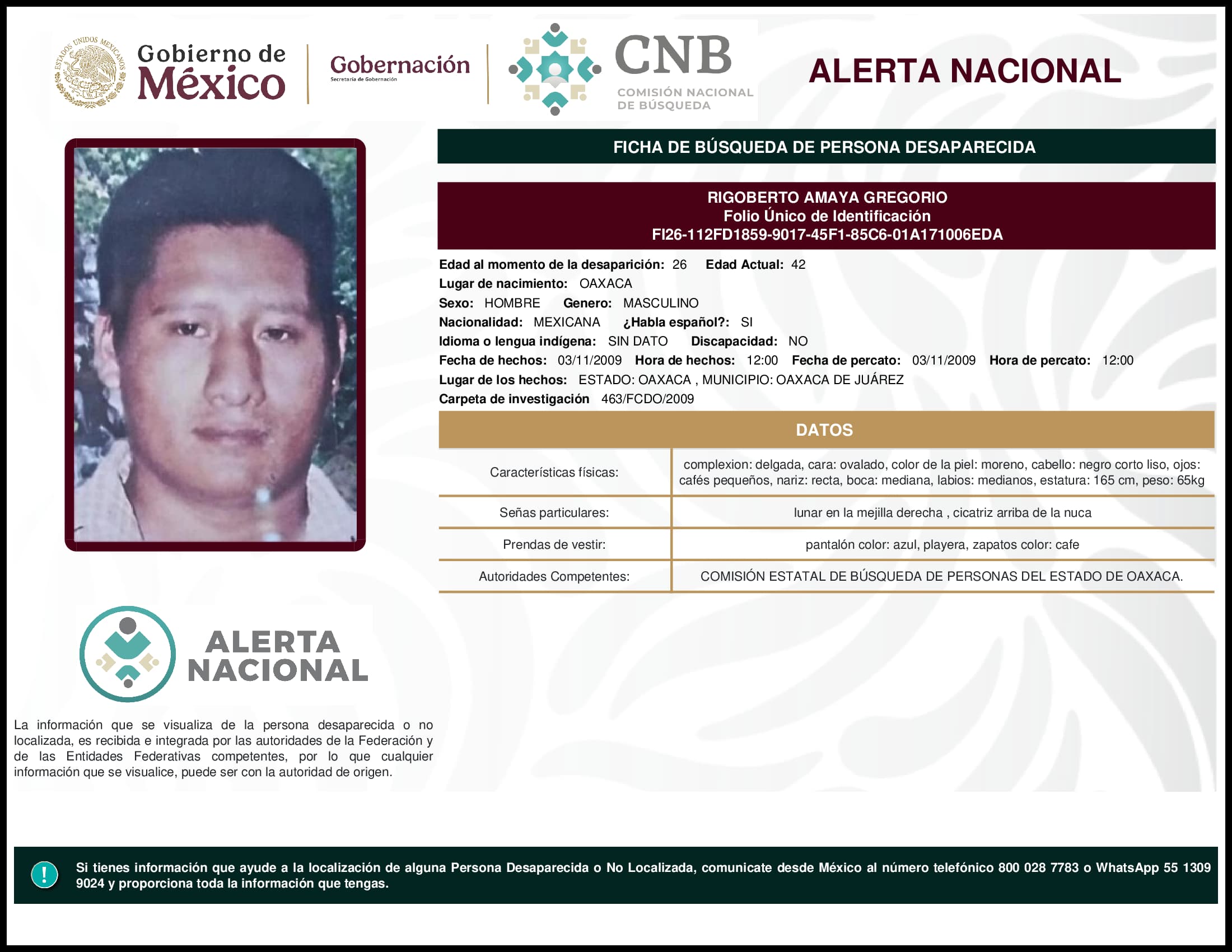 Persona desaparecida Rigoberto Amaya Gregorio