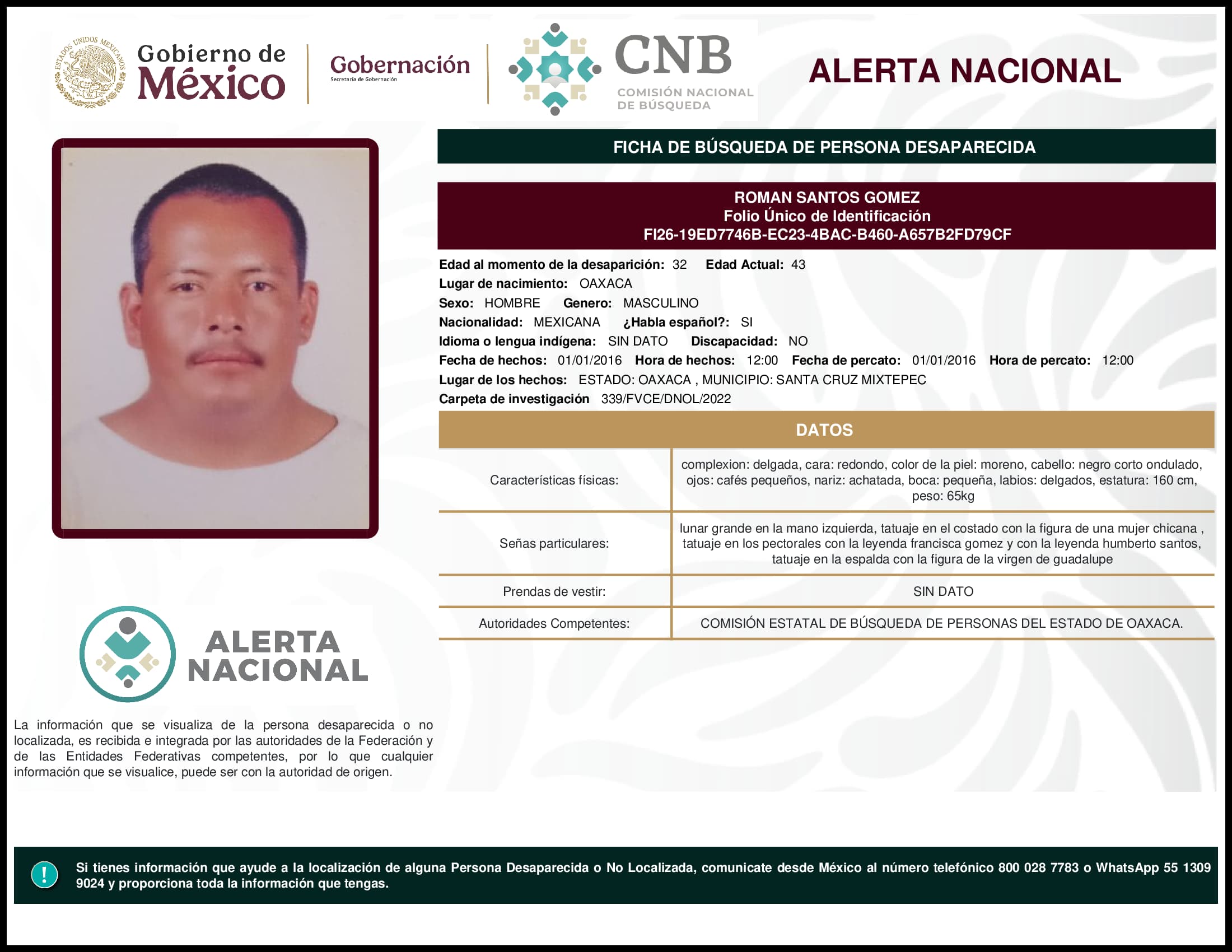 Persona desaparecida Roman Santos Gomez
