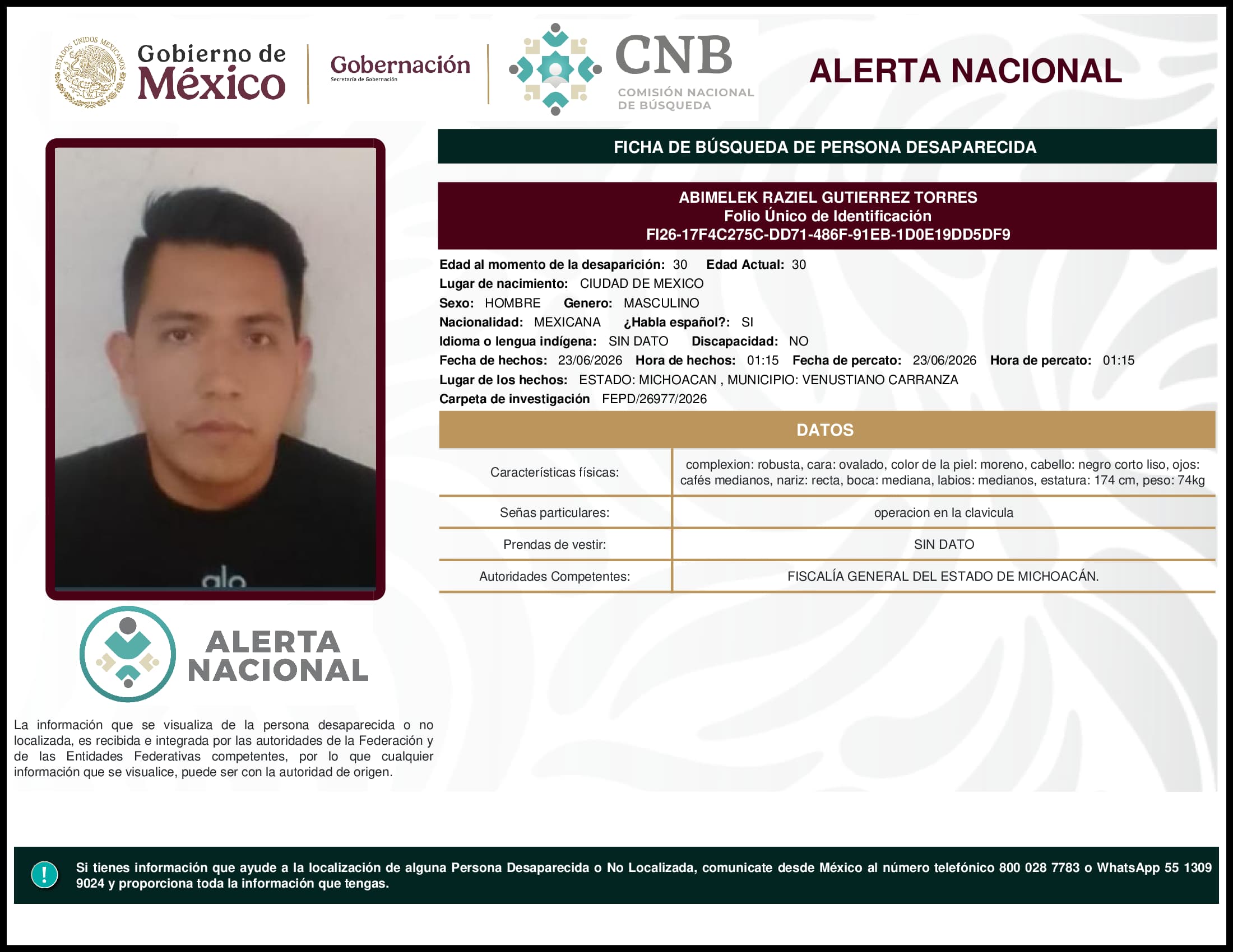Persona desaparecida Abimelek Raziel Gutierrez Torres