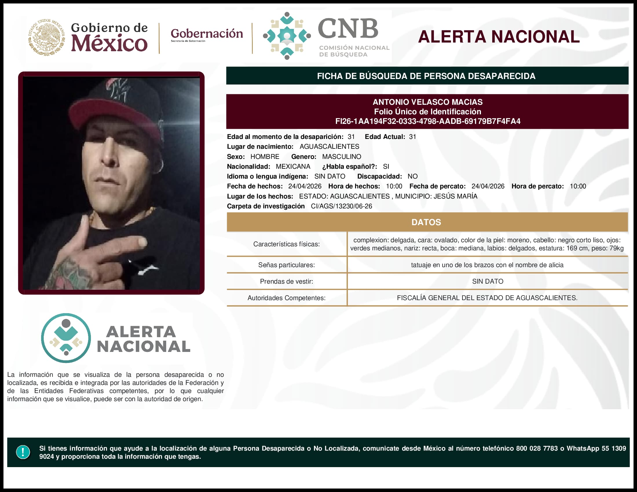 Persona desaparecida Antonio Velasco Macias