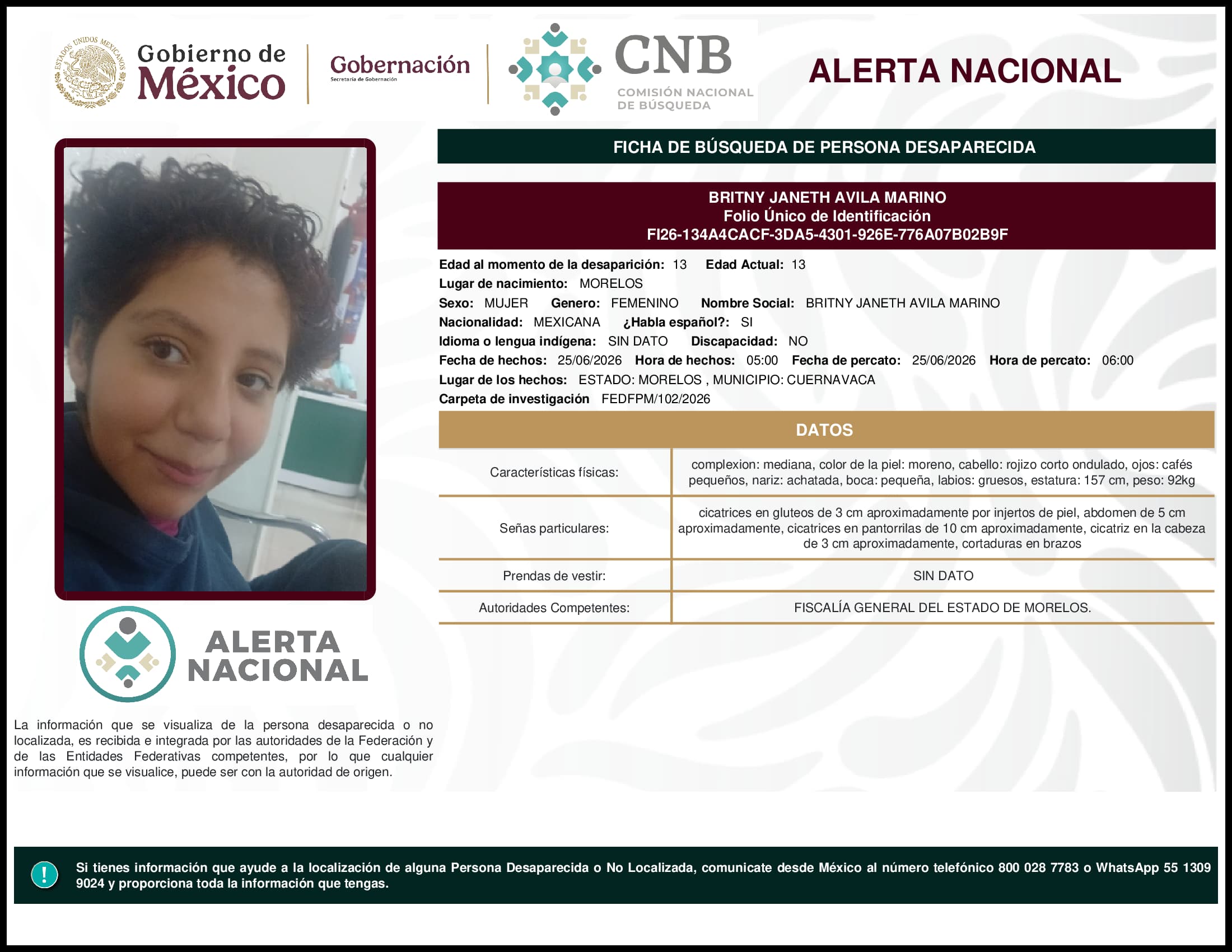 Persona desaparecida Britny Janeth Avila Marino