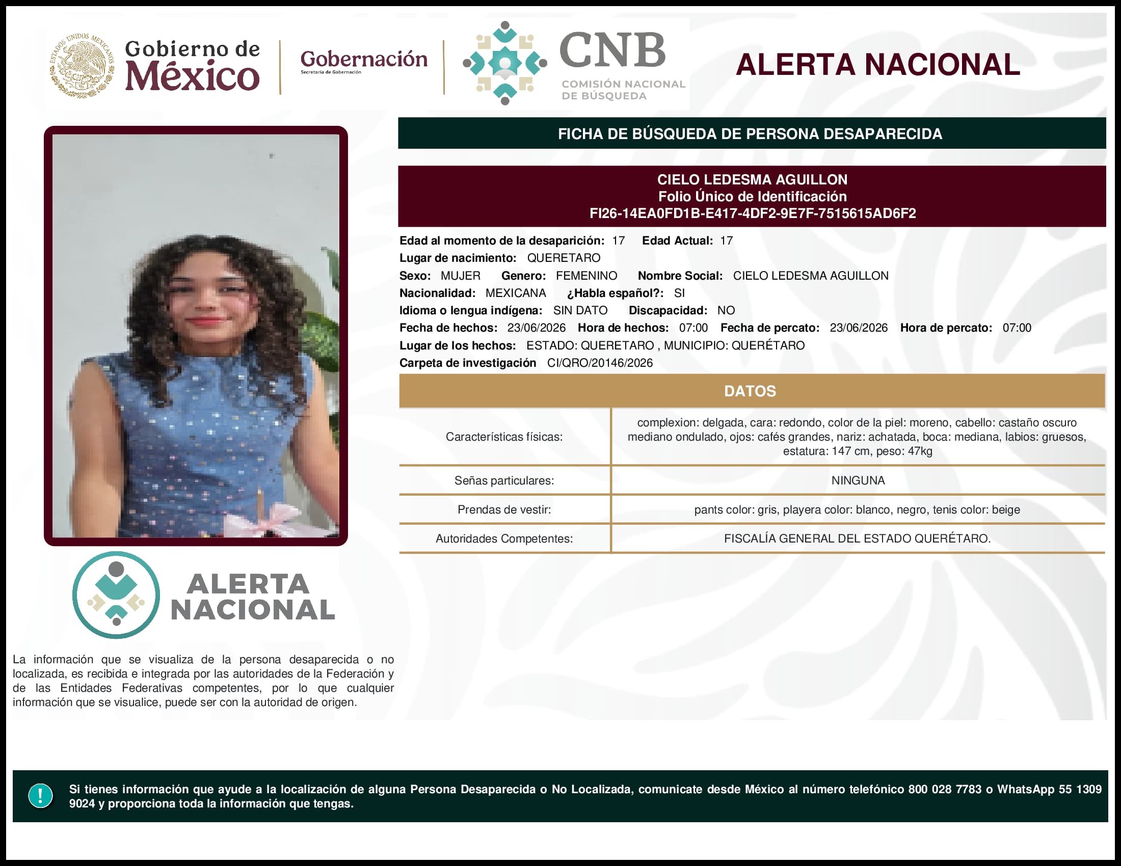 Persona desaparecida Cielo Ledesma Aguillon