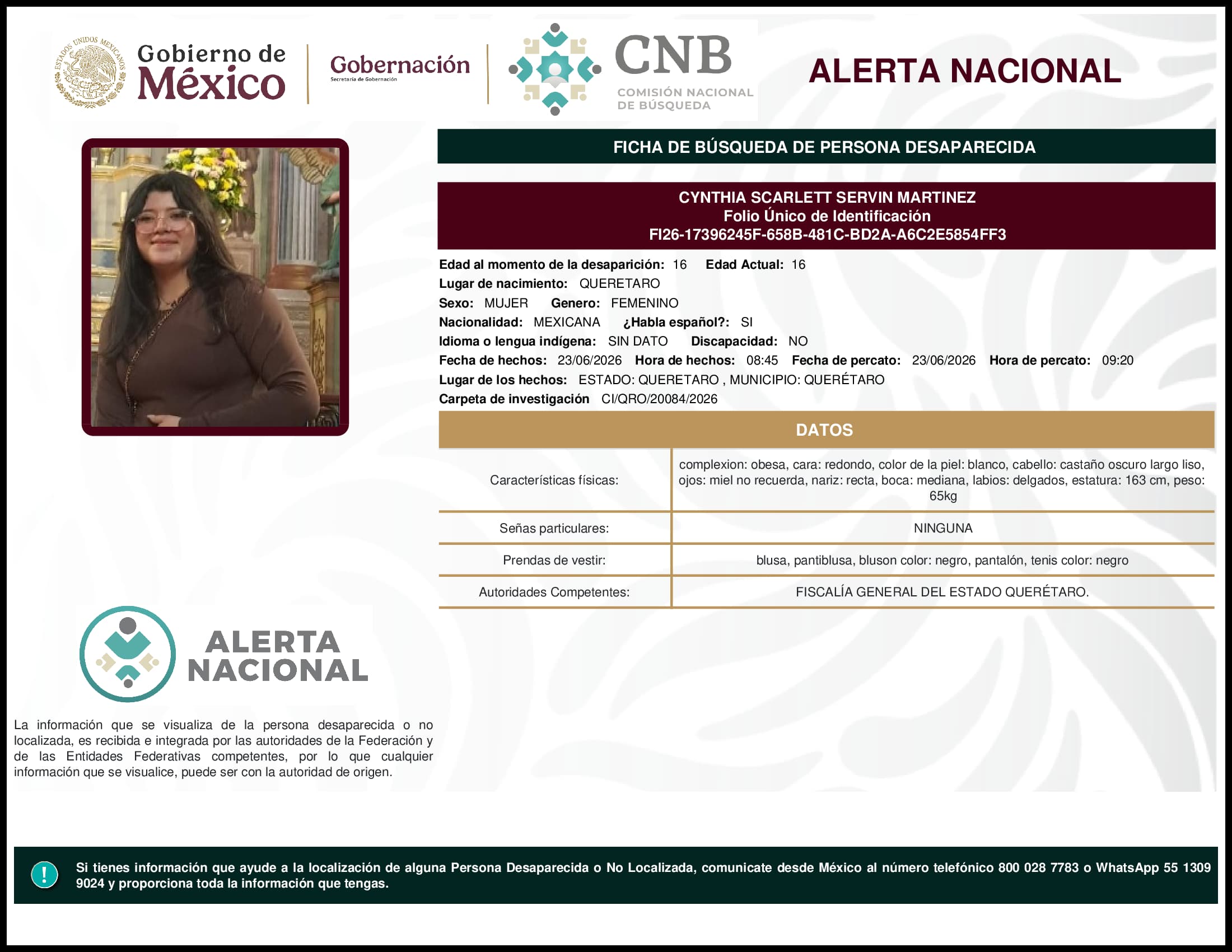 Persona desaparecida Cynthia Scarlett Servin Martinez