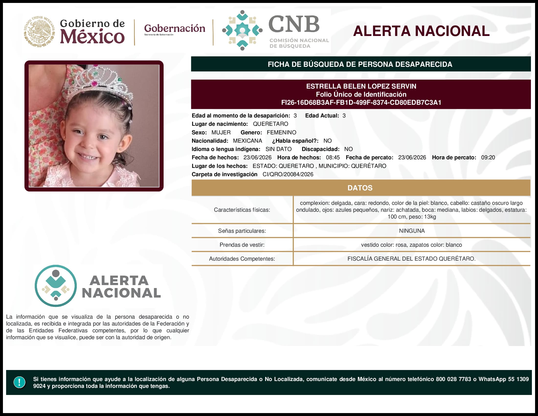 Persona desaparecida Estrella Belen Lopez Servin