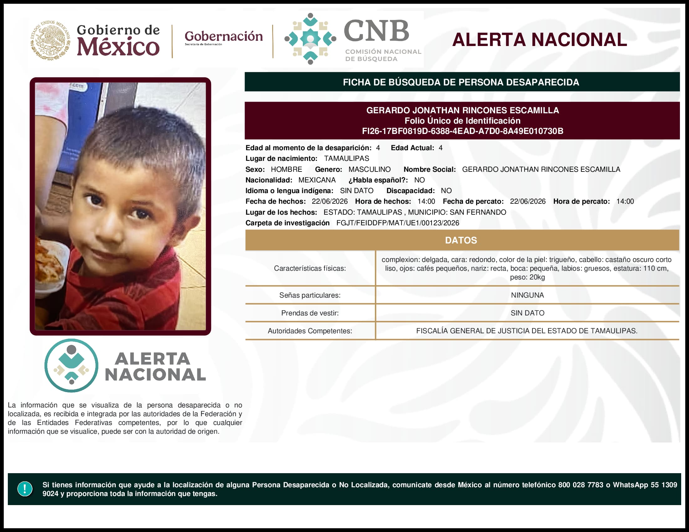 Persona desaparecida Gerardo Jonathan Rincones Escamilla