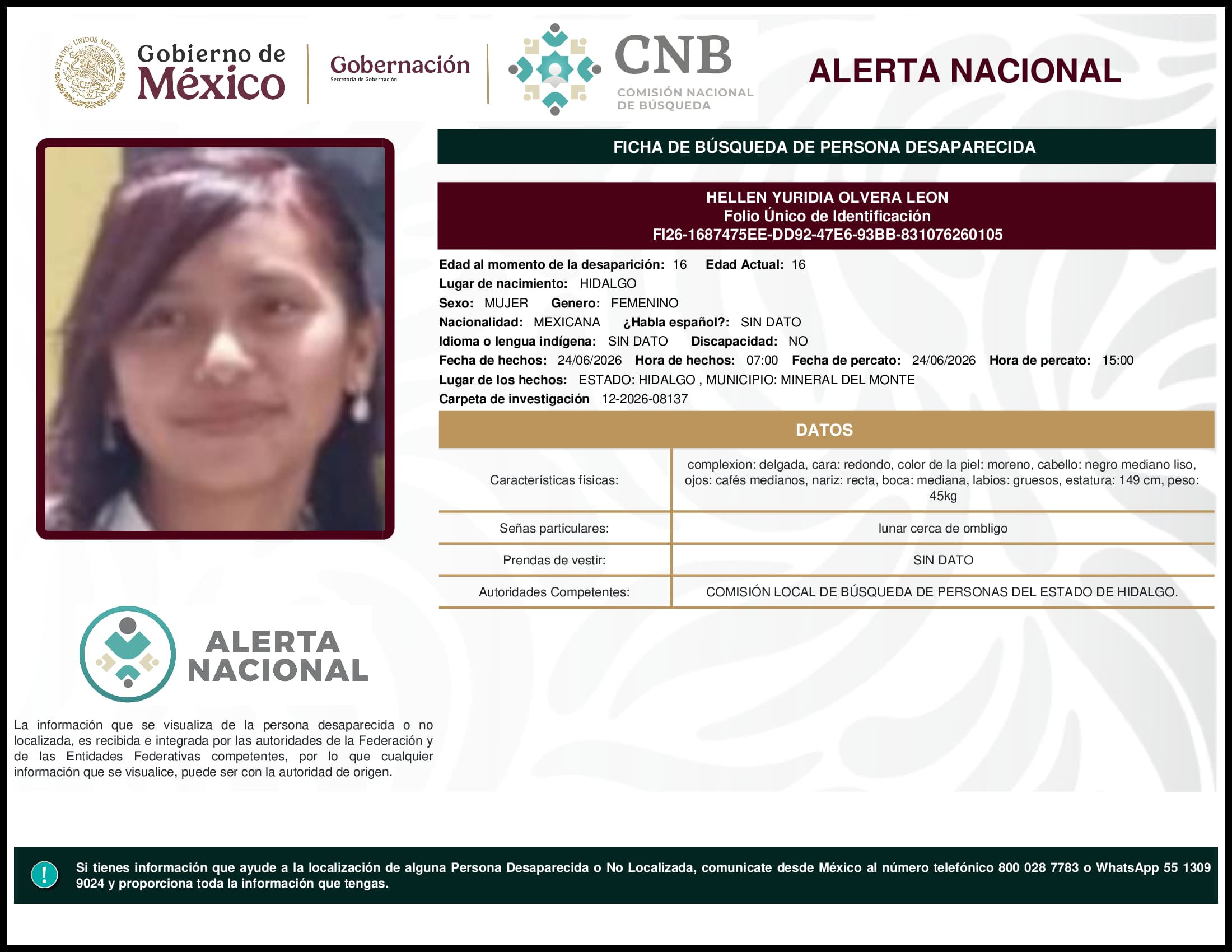 Persona desaparecida Hellen Yuridia Olvera Leon