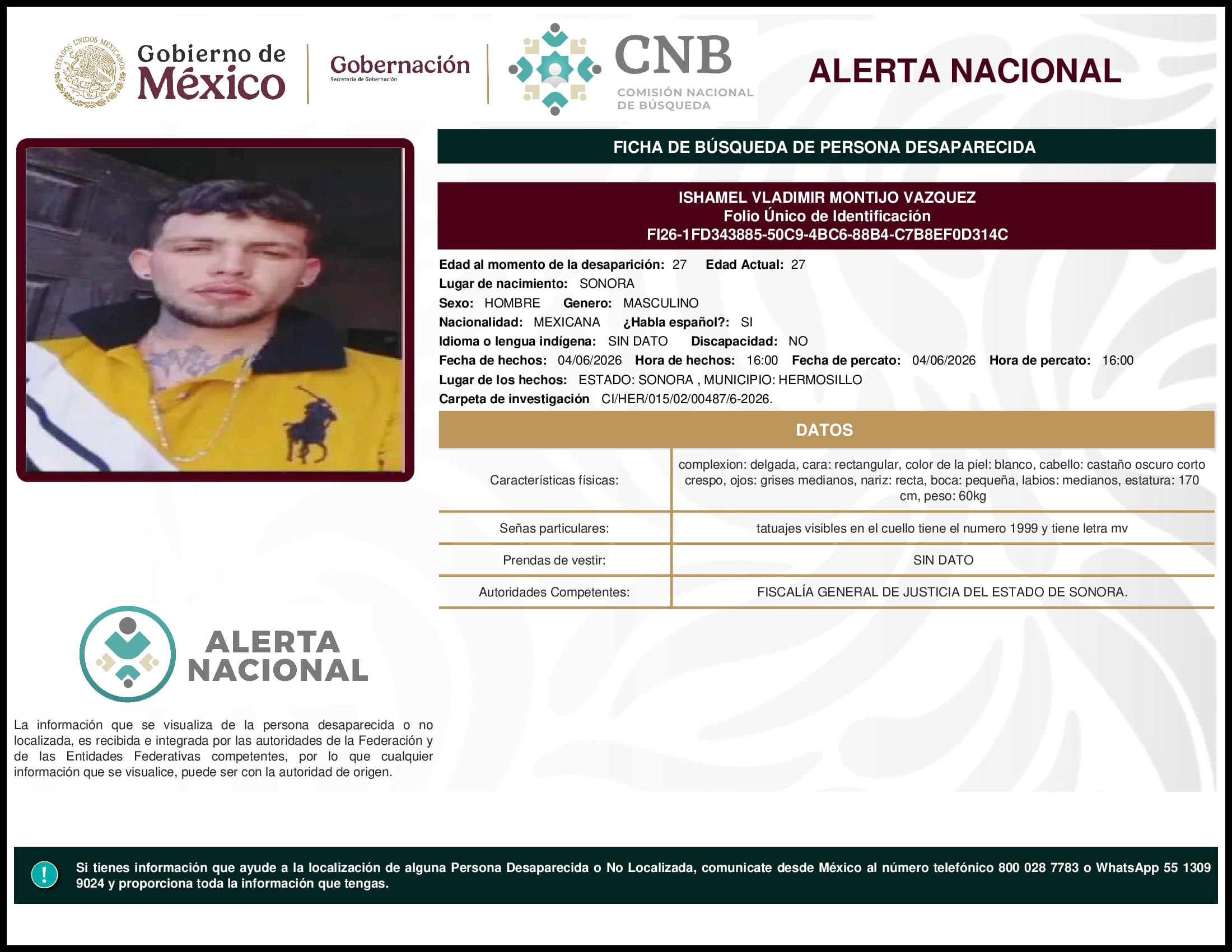 Persona desaparecida Ishamel Vladimir Montijo Vazquez