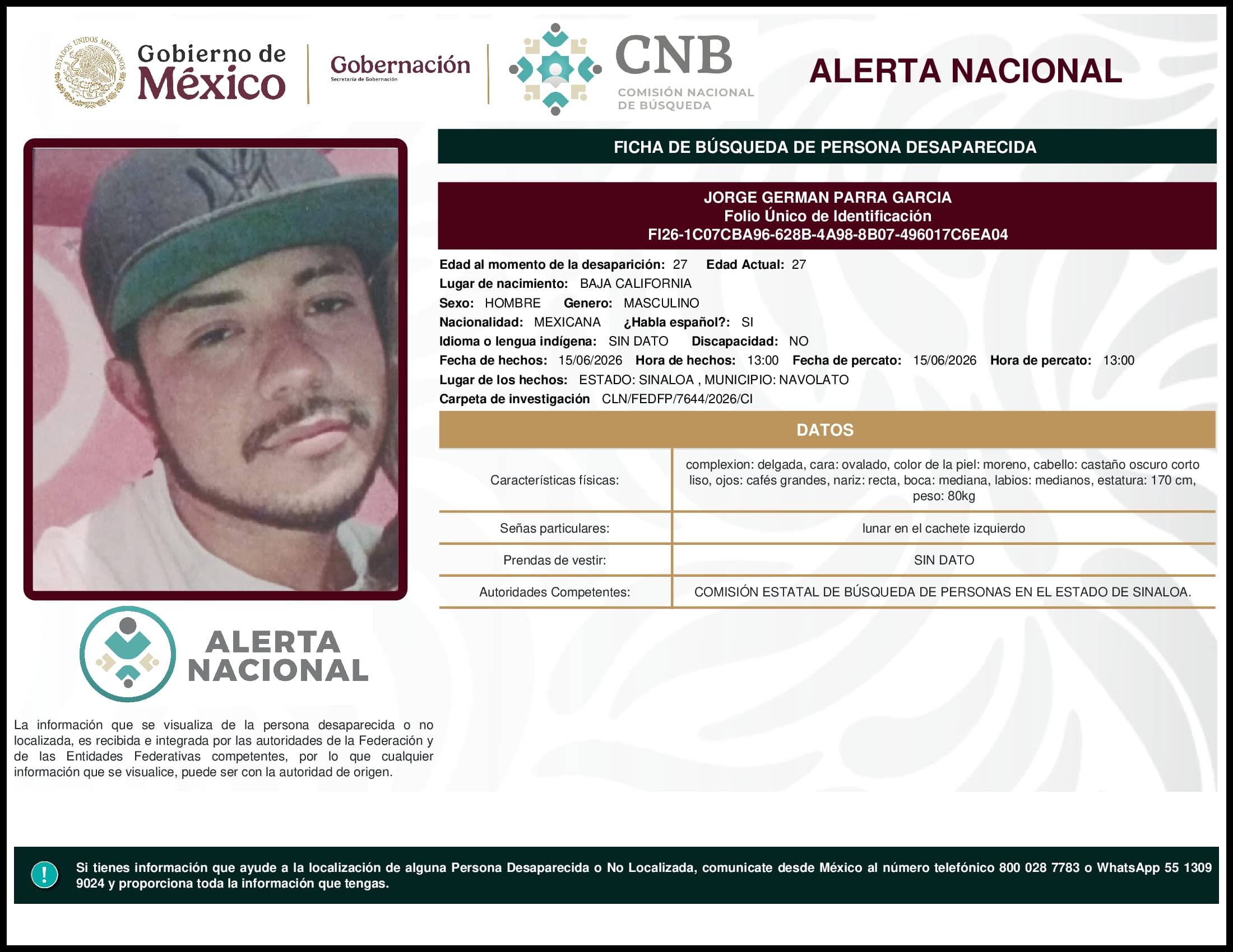 Persona desaparecida Jorge German Parra Garcia