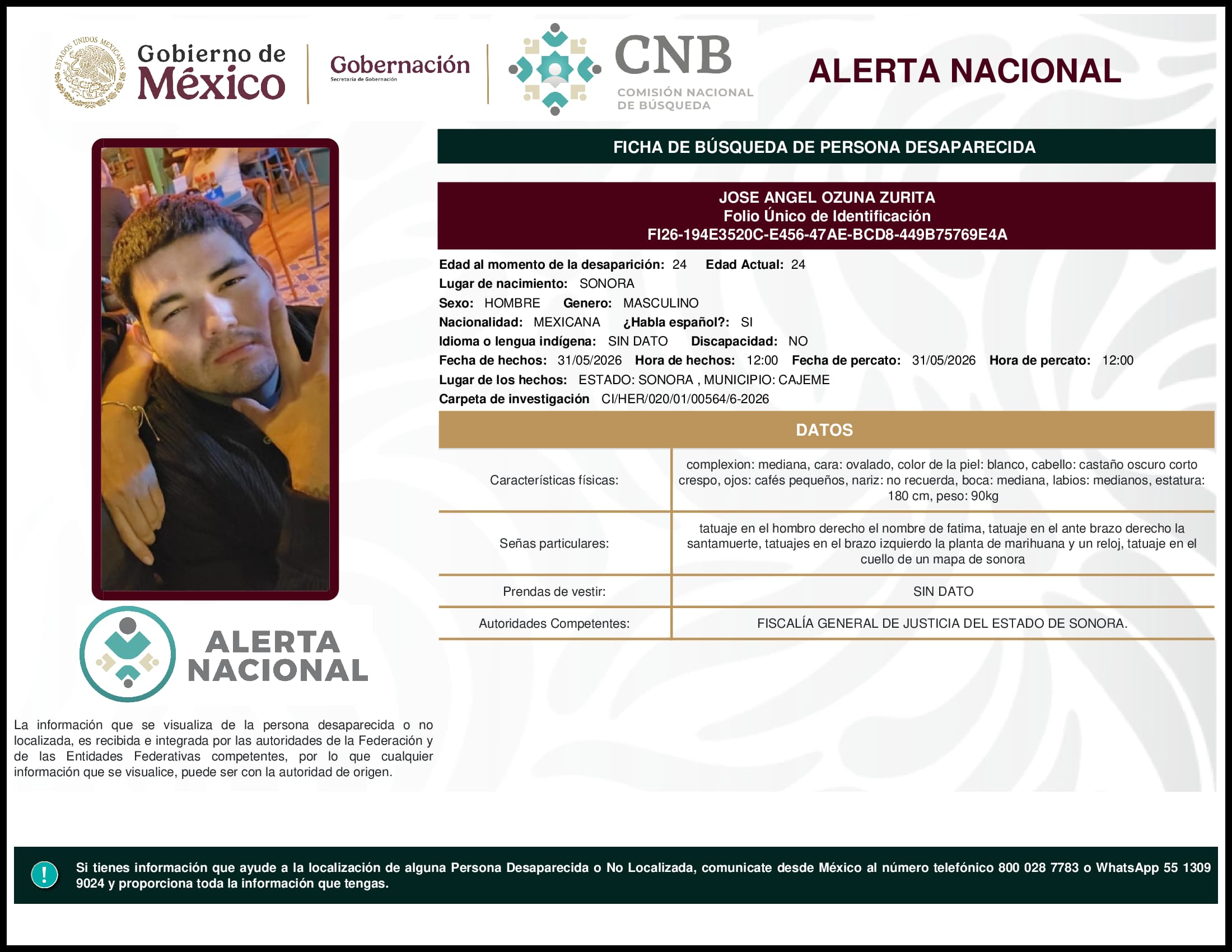 Persona desaparecida Jose Angel Ozuna Zurita