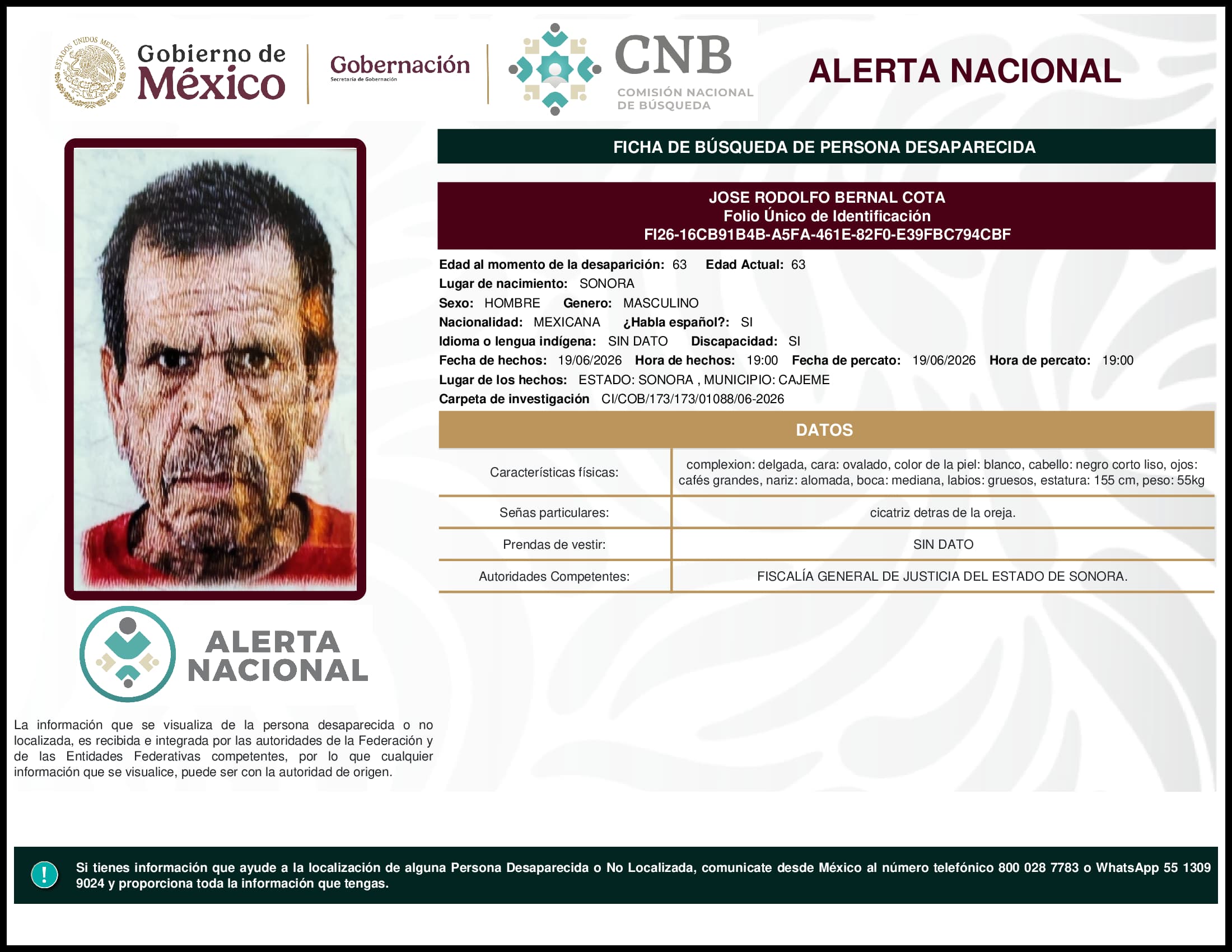 Persona desaparecida Jose Rodolfo Bernal Cota