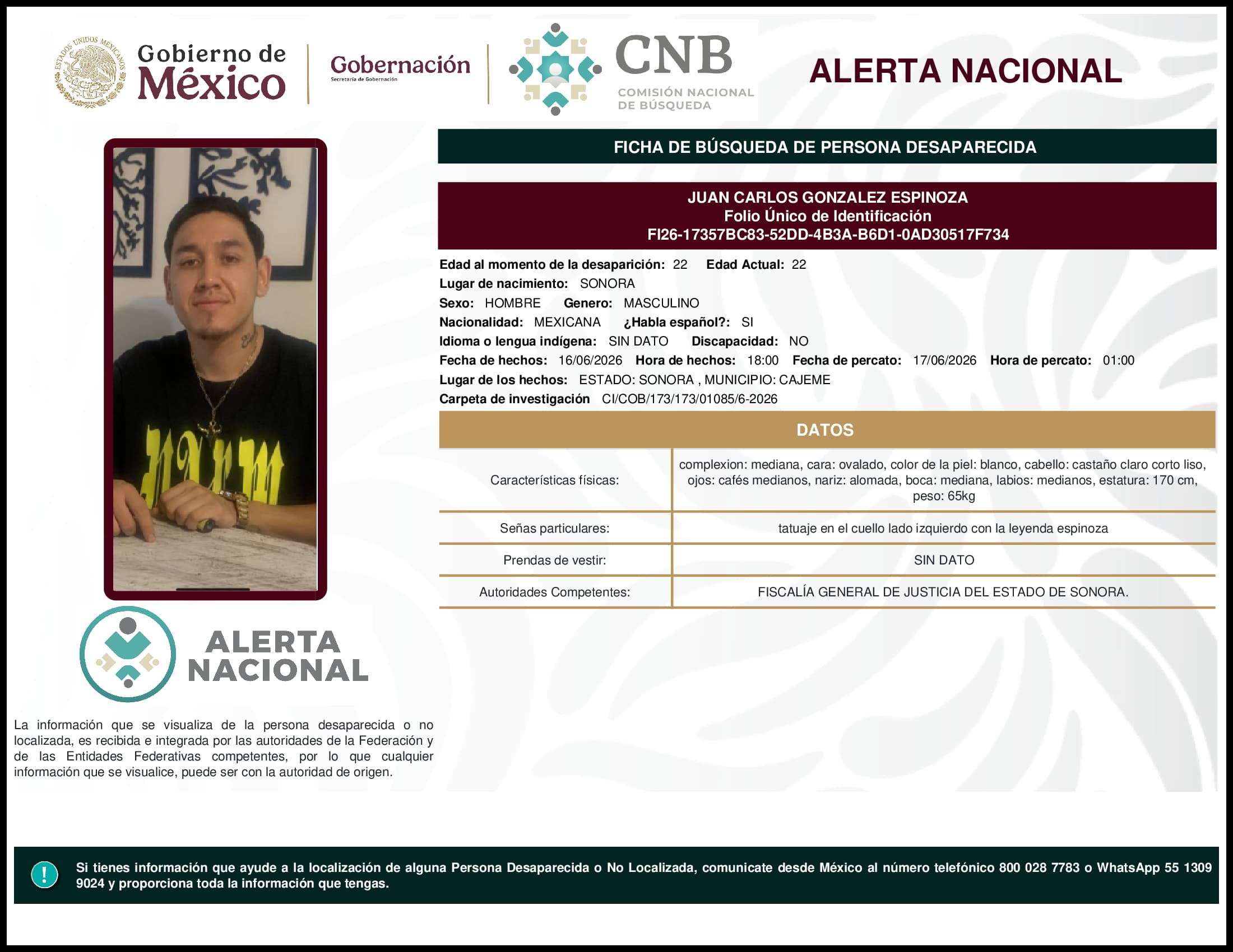 Persona desaparecida Juan Carlos Gonzalez Espinoza