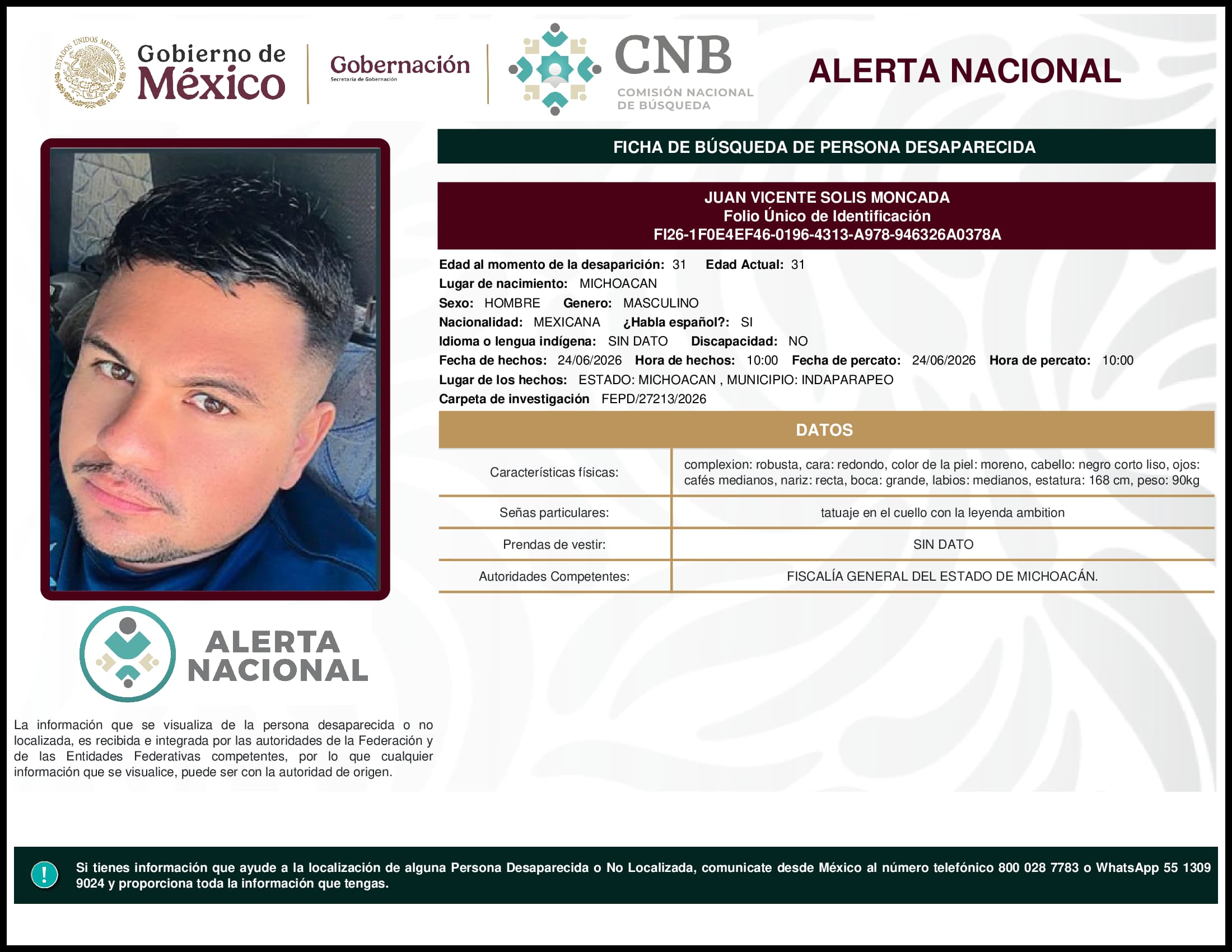 Persona desaparecida Juan Vicente Solis Moncada