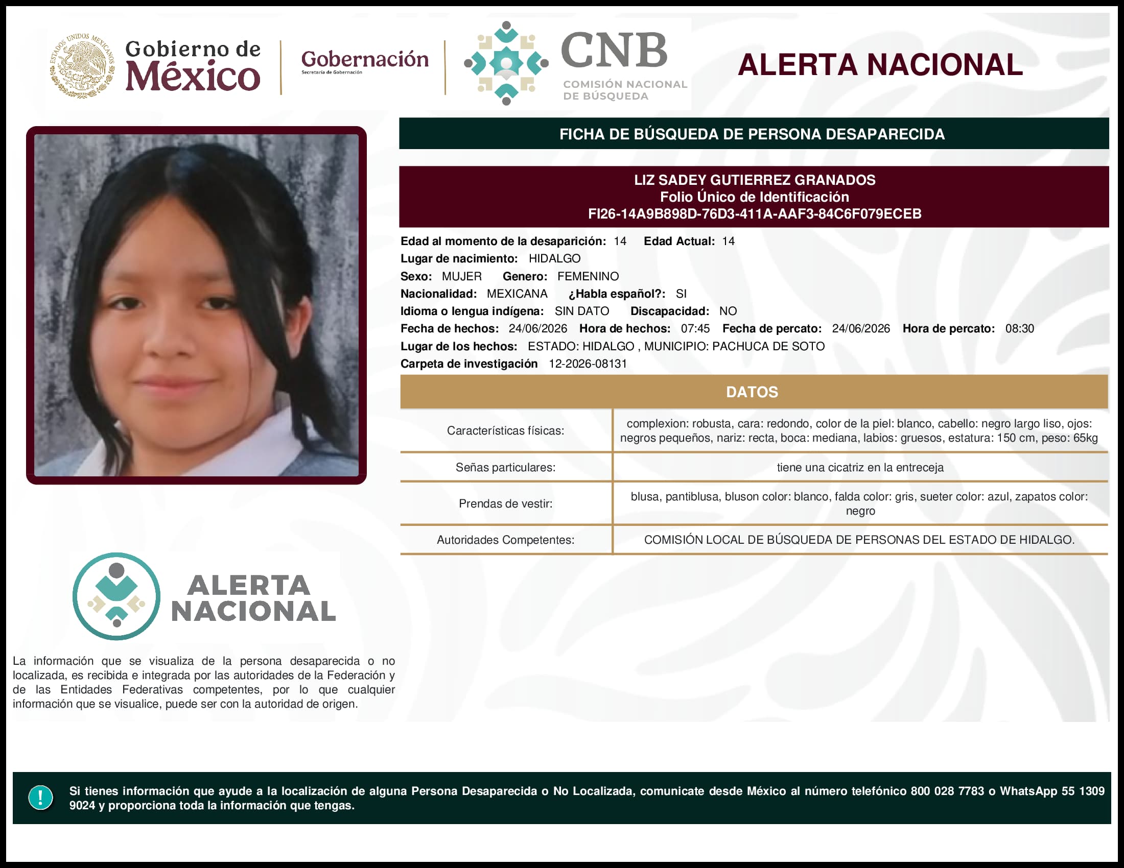 Persona desaparecida Liz Sadey Gutierrez Granados