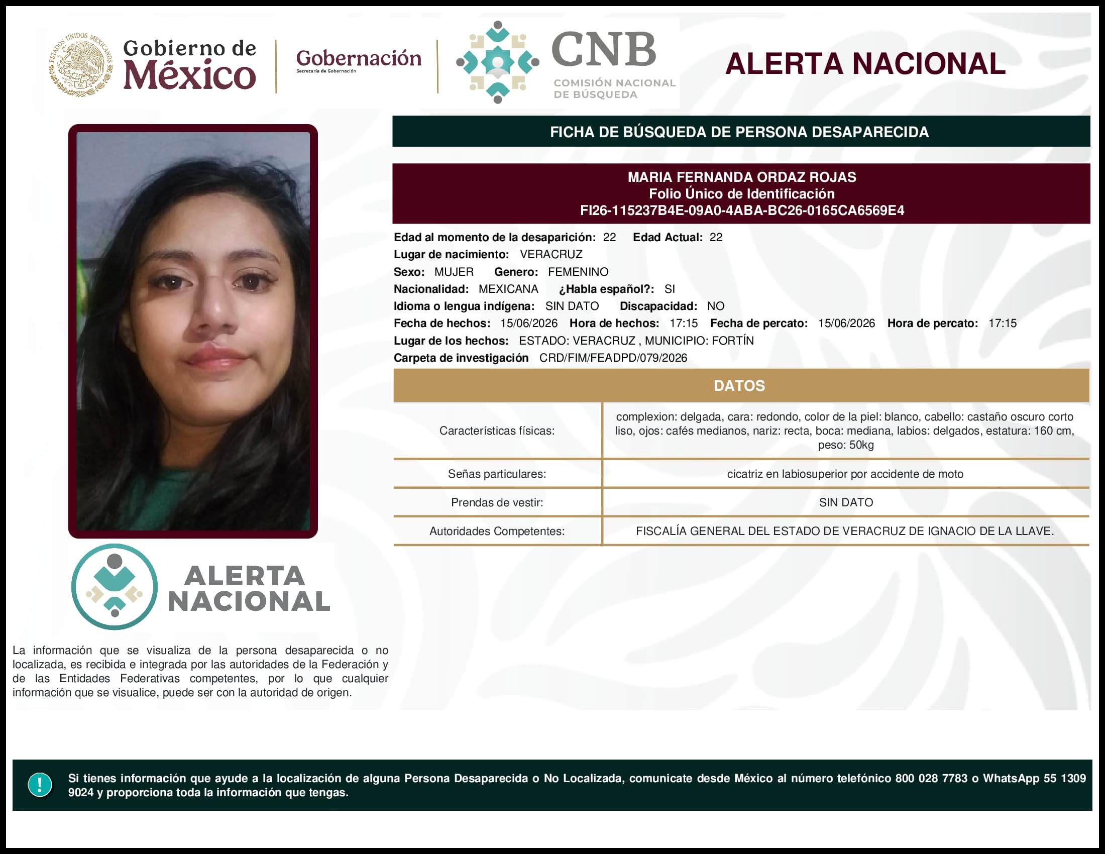 Persona desaparecida Maria Fernanda Ordaz Rojas