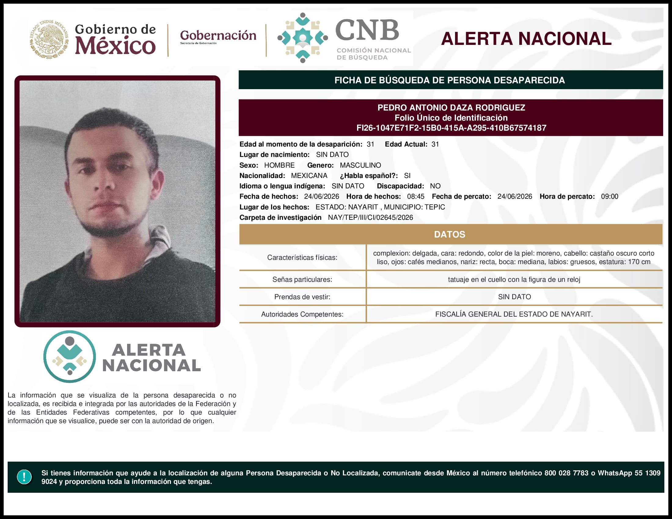 Persona desaparecida Pedro Antonio Daza Rodriguez