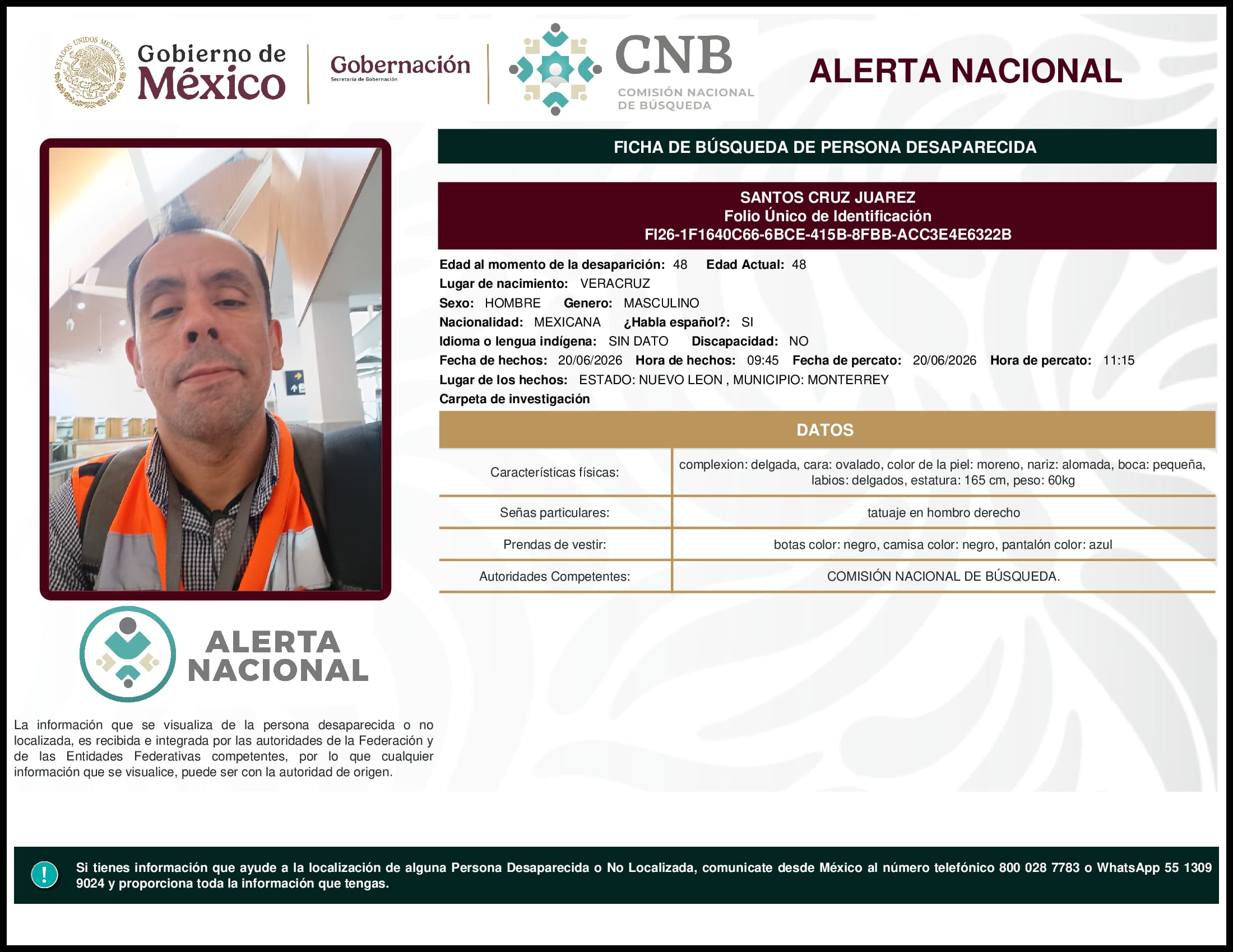 Persona desaparecida Santos Cruz Juarez