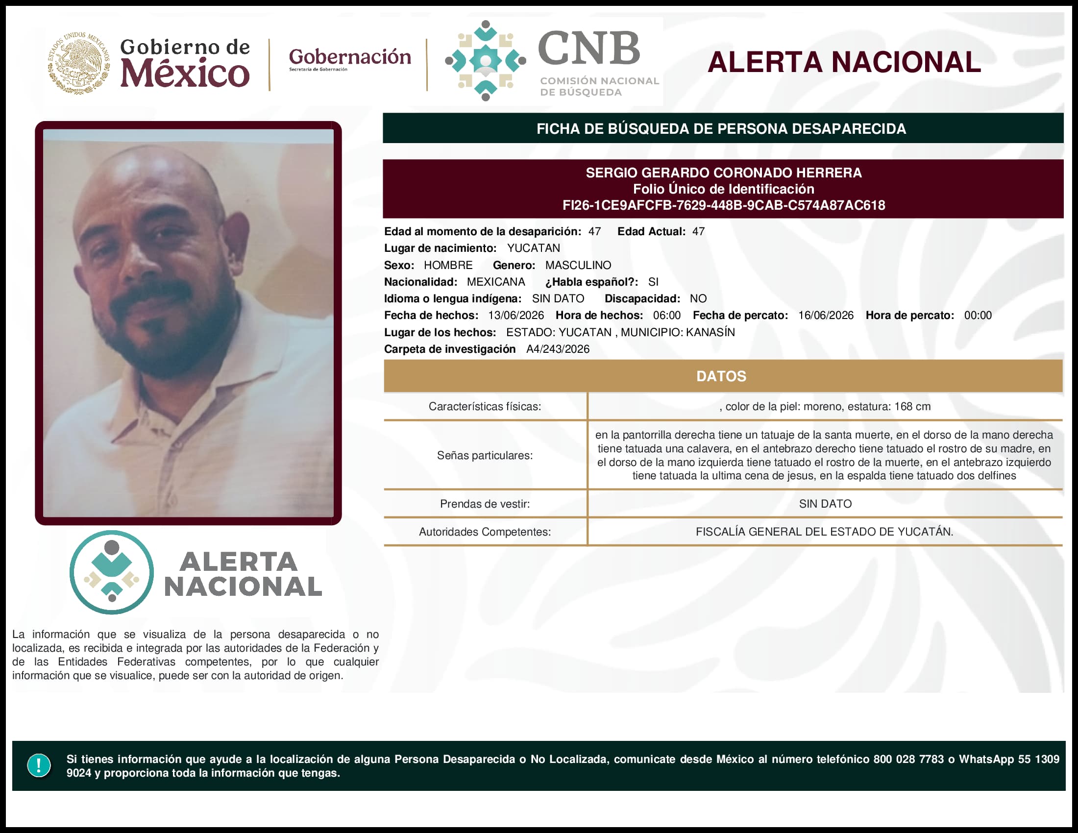 Persona desaparecida Sergio Gerardo Coronado Herrera