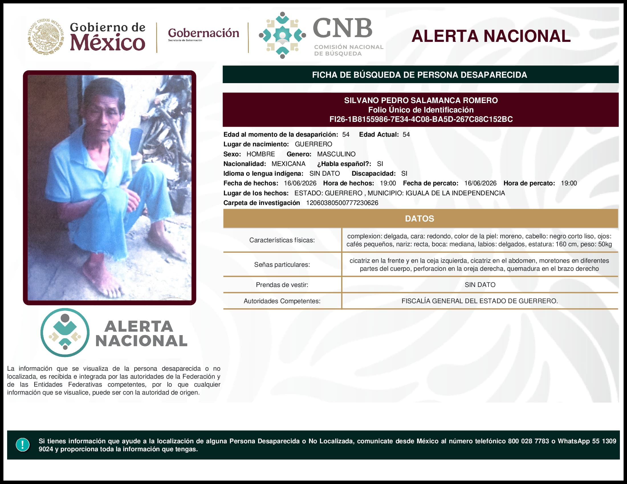 Persona desaparecida Silvano Pedro Salamanca Romero