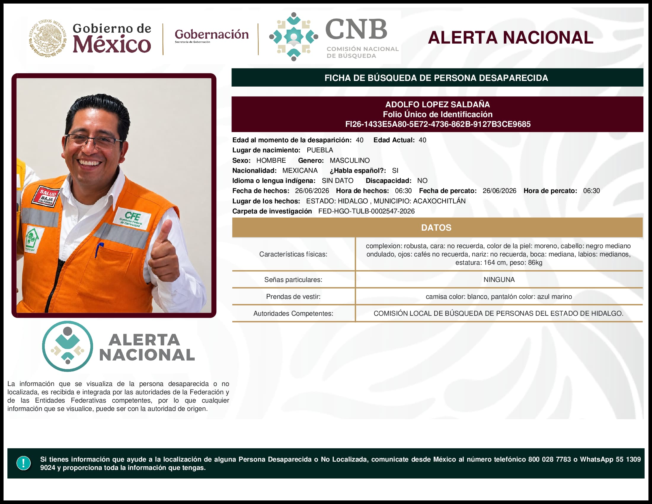 Persona desaparecida Adolfo Lopez Saldana